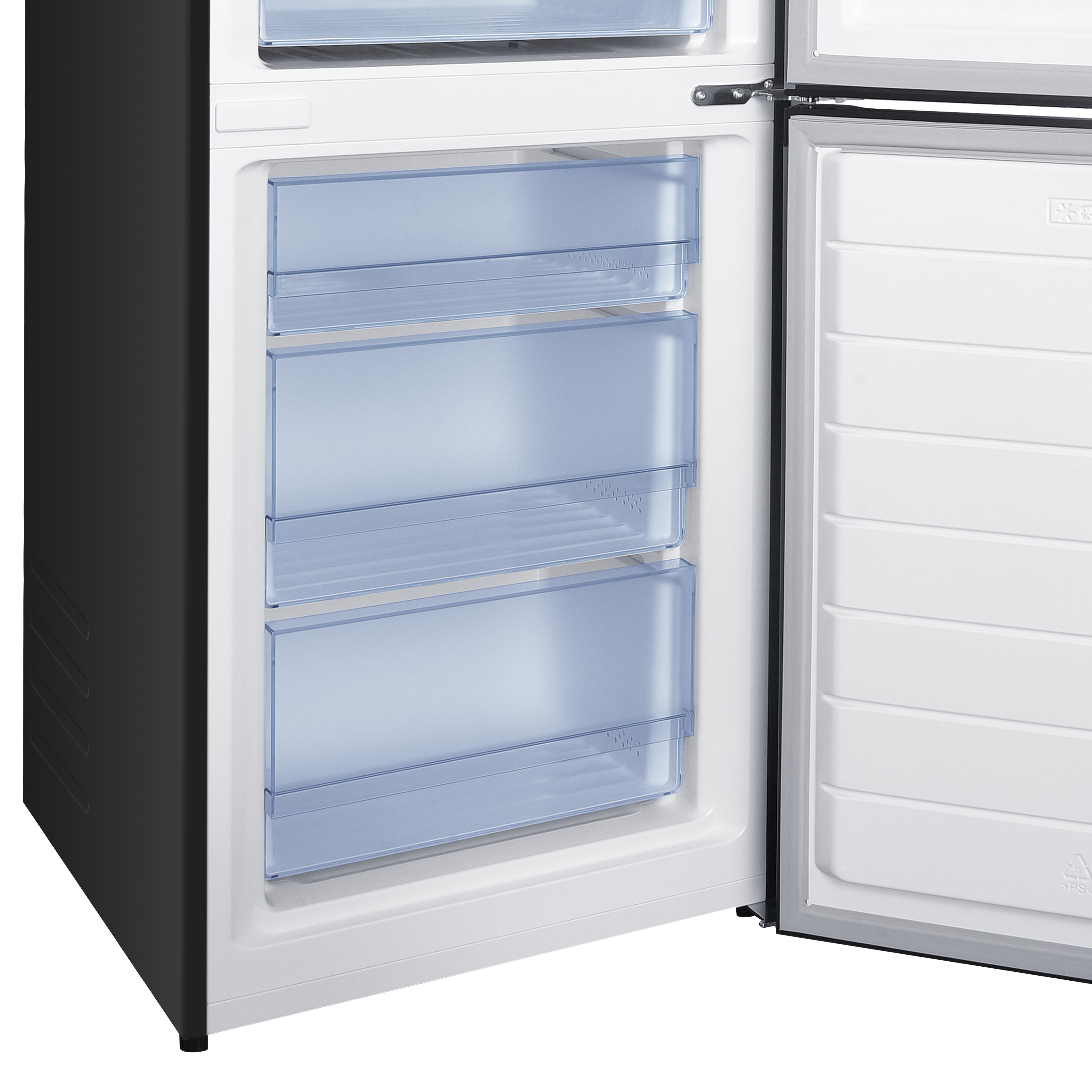 Ein schwarzer Kühlschrank mit weißen Schubladen und einer geöffneten Tür.