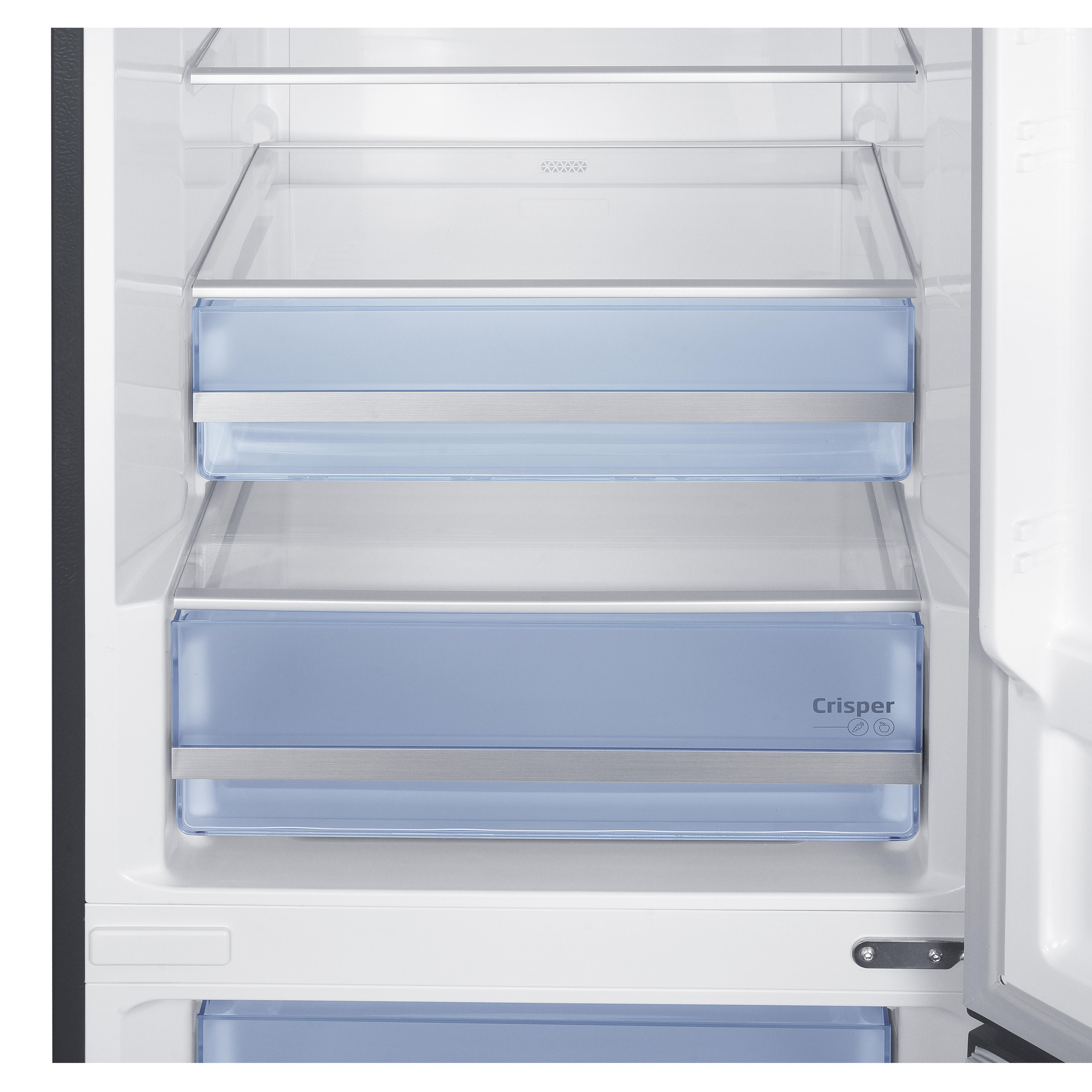 Innenansicht eines Kühlschranks mit zwei blauen Crisp-Schubladen und Glasböden.
