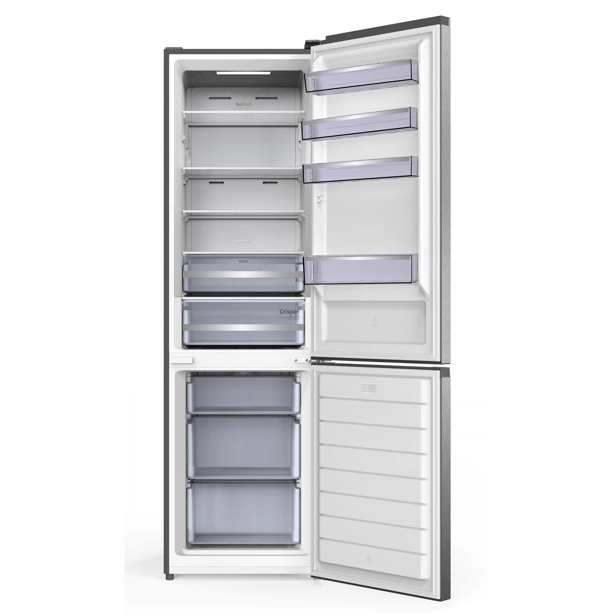 Ein offener Kühlschrank mit mehreren Fächern und Schubladen. Die Türen sind geöffnet.