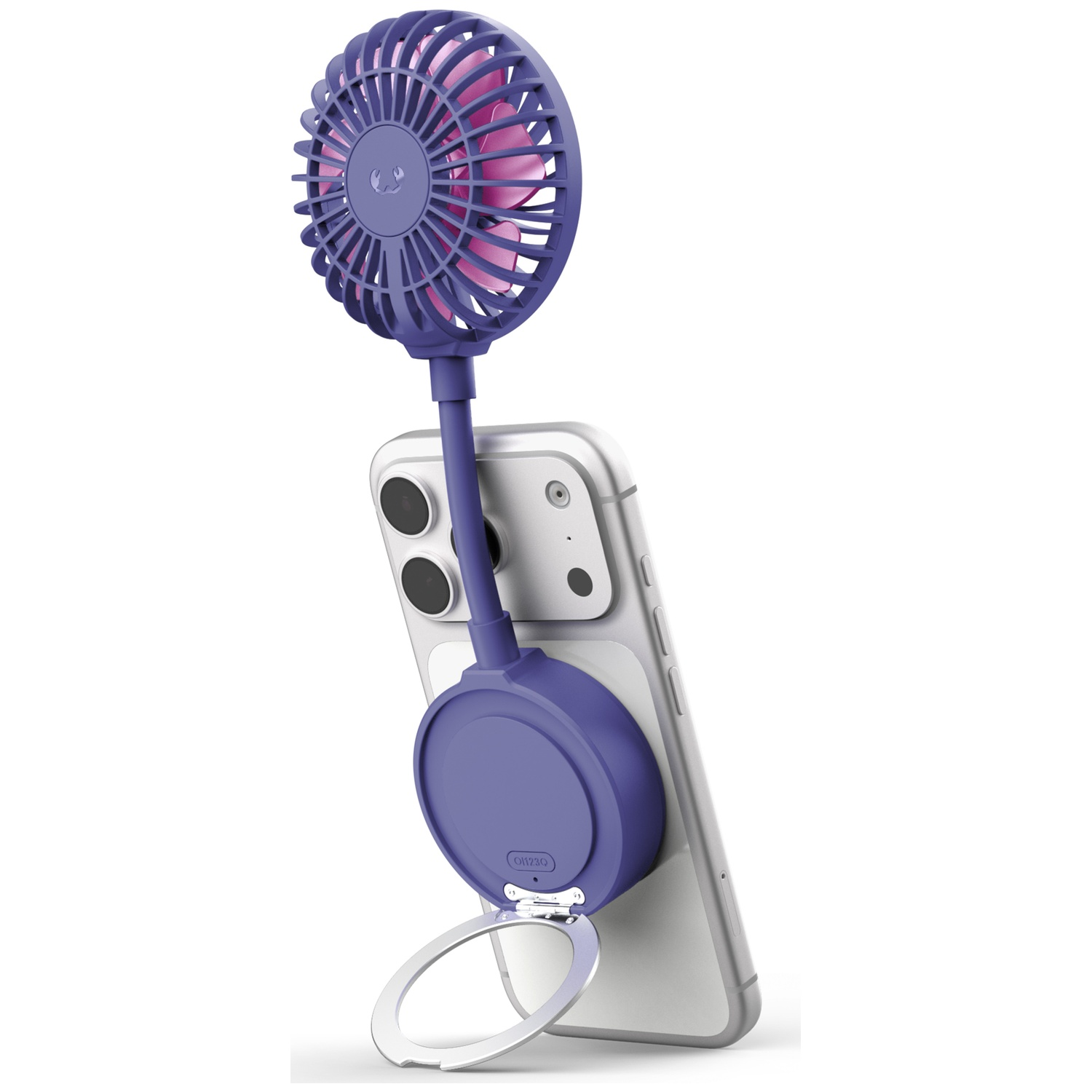 Paarse mini-ventilator met roze bladen bevestigd aan een iPhone met ringhouder.
