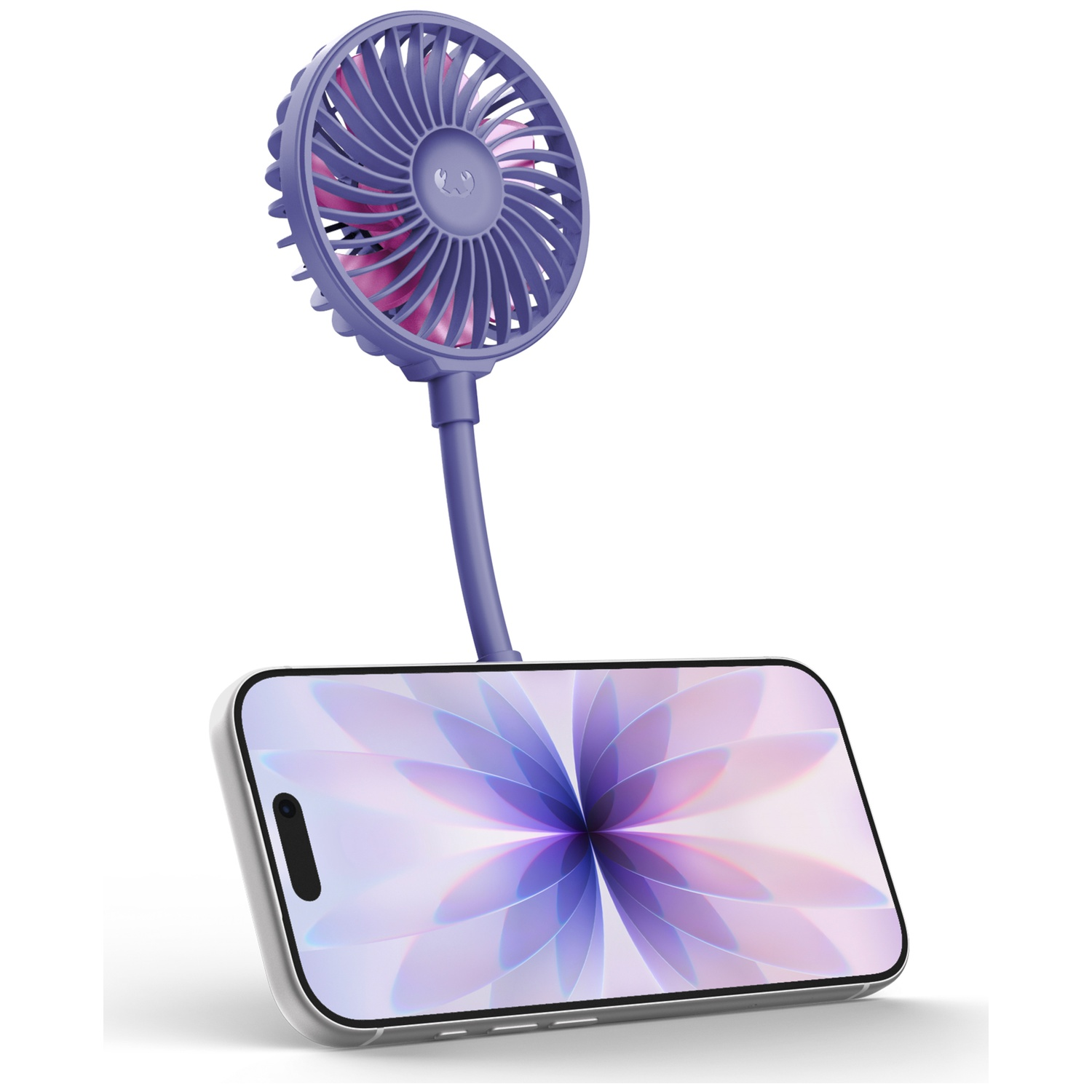 Paarse nekventilator met roze bladen, bevestigd aan een smartphone met bloemenbehang.