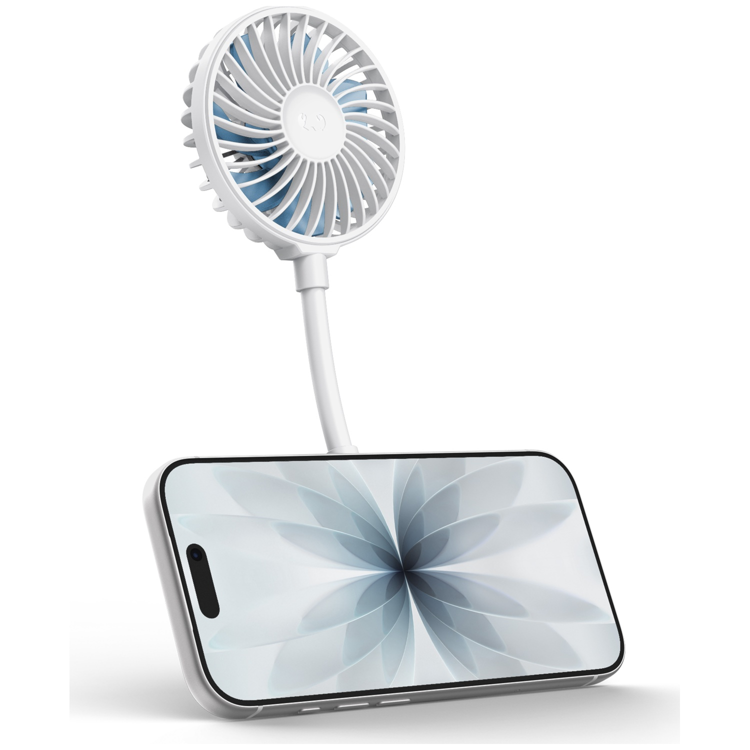 Een witte nekventilator met een blauwe kern bevestigd aan een smartphone.