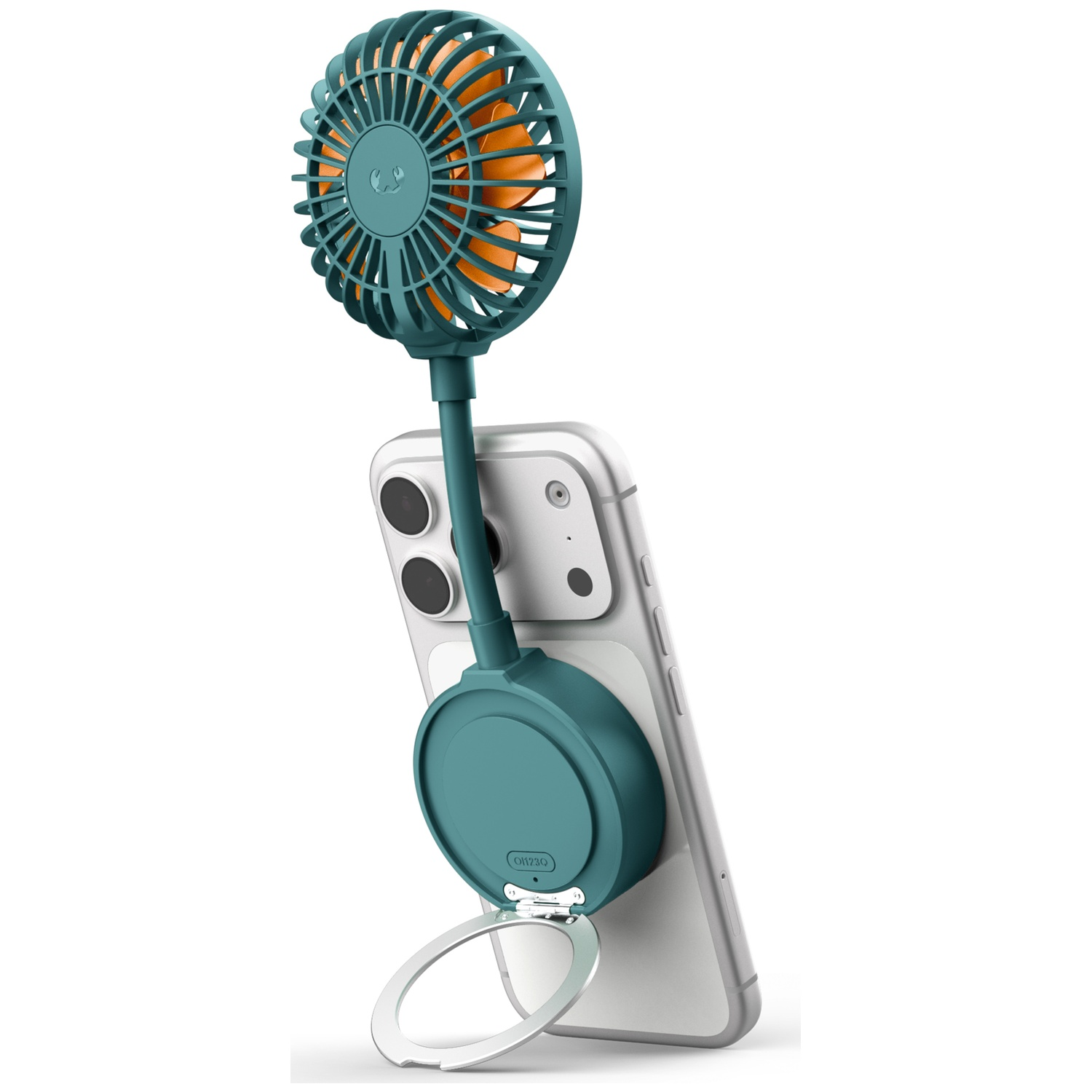 Een kleine turkooizen ventilator met oranje bladen is bevestigd aan een transparante smartphone.