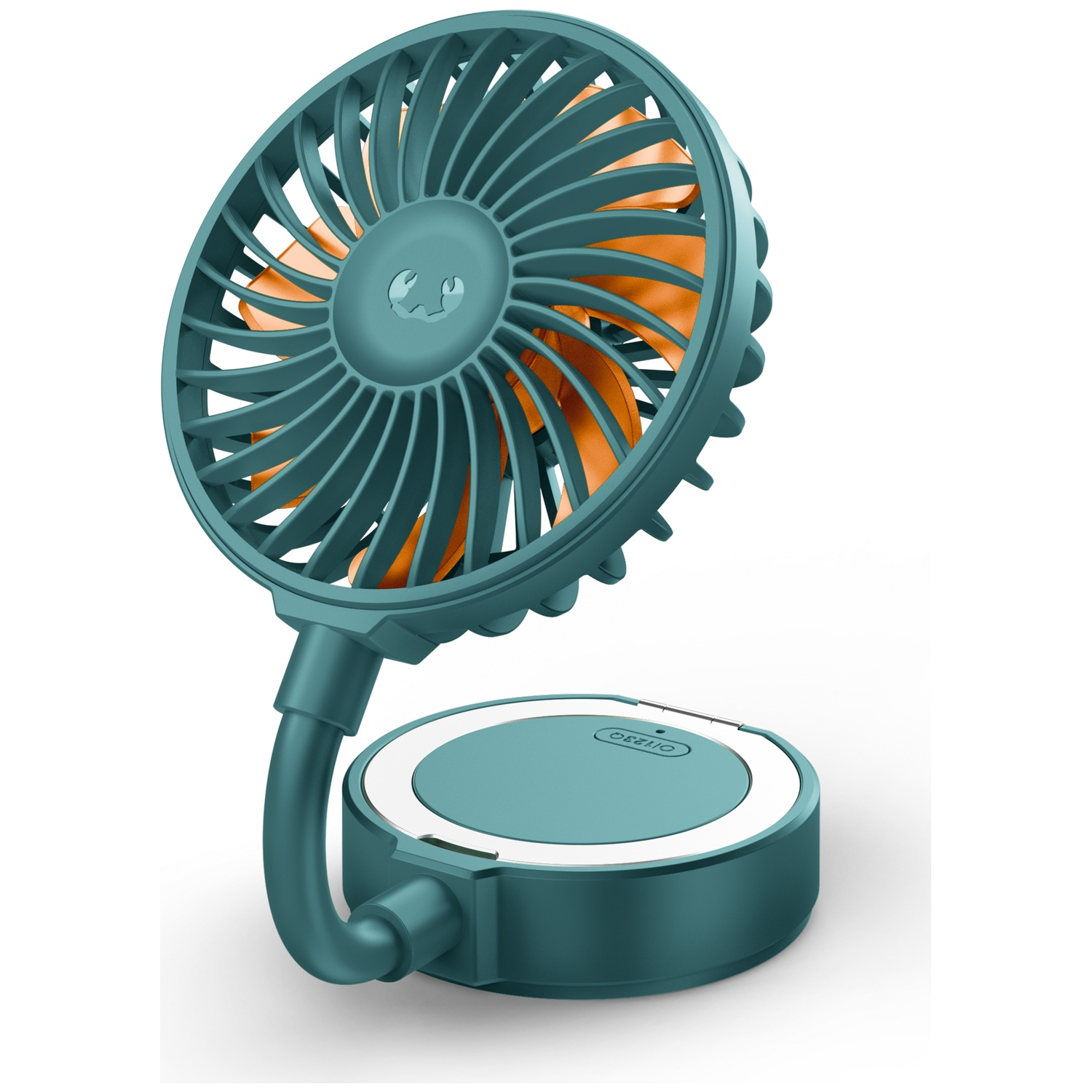 Een kleine teal ventilator met oranje bladen en een ronde voet.