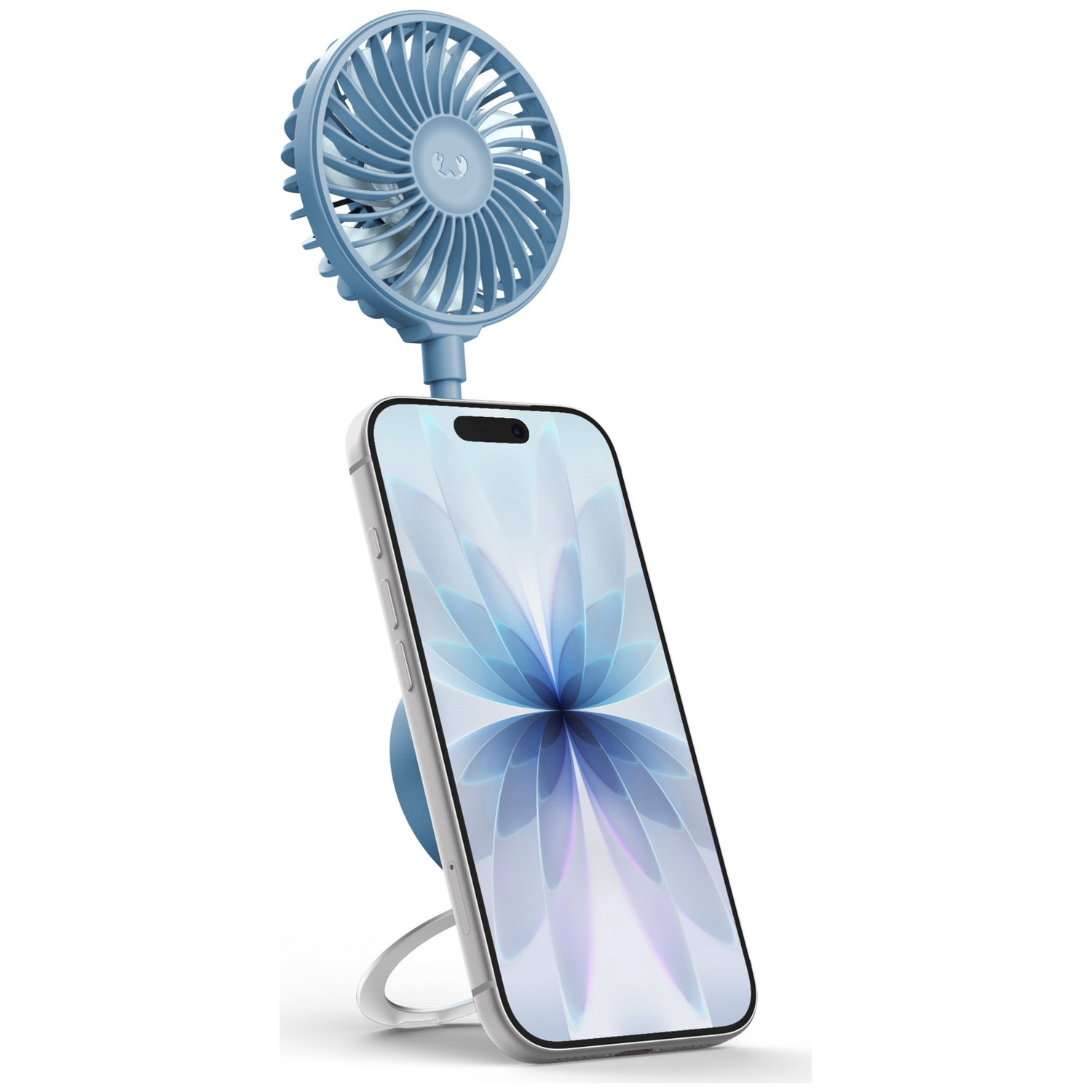 Een blauwe mini-ventilator is gemonteerd op een smartphone die op een standaard rust.
