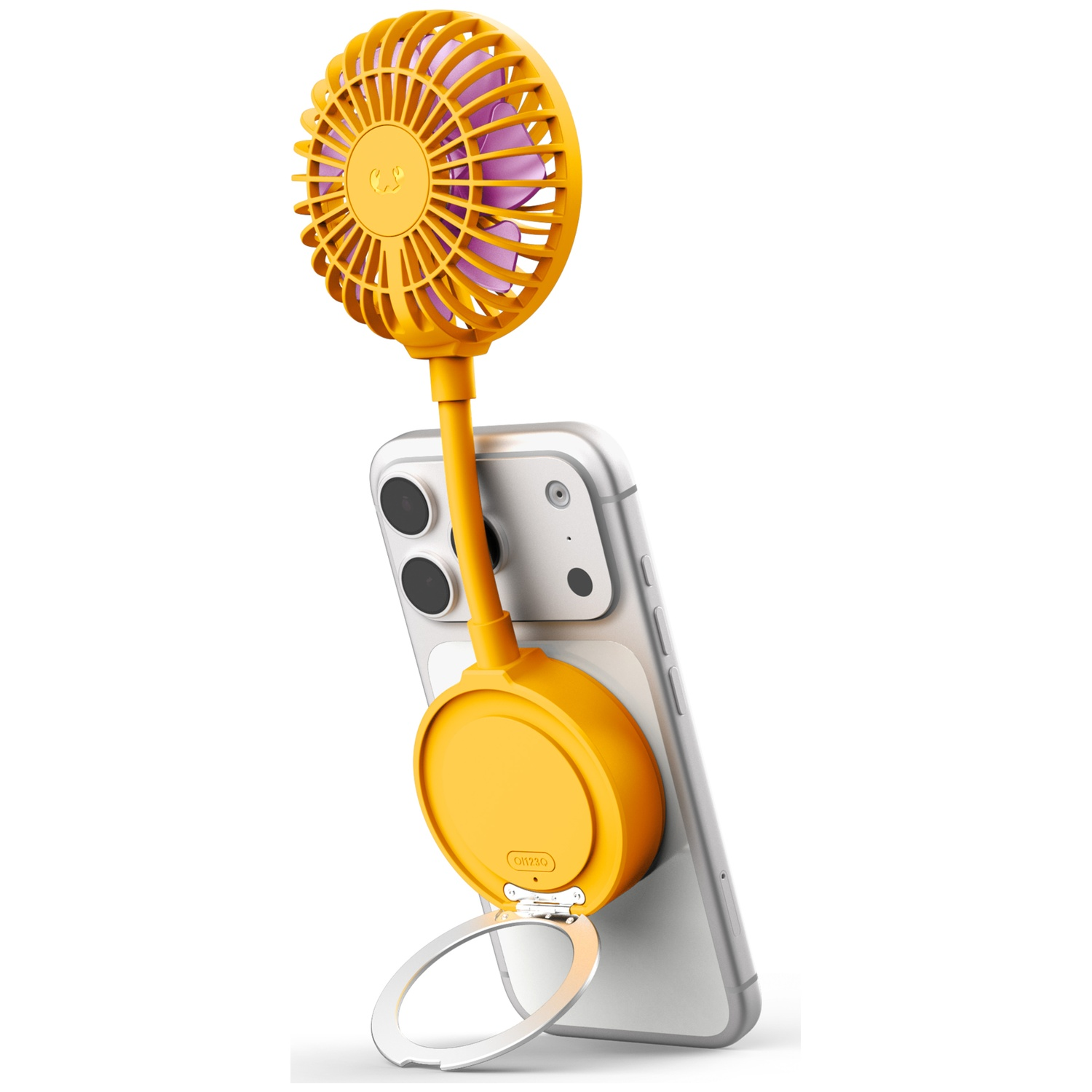 Een gele miniventilator is bevestigd aan een zilveren smartphone.