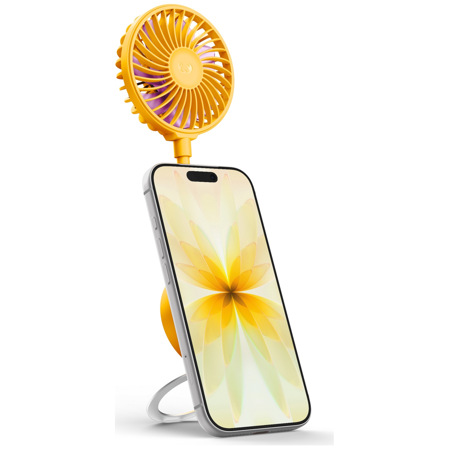 Gele draagbare ventilator bevestigd aan een smartphone met bloemenscherm.