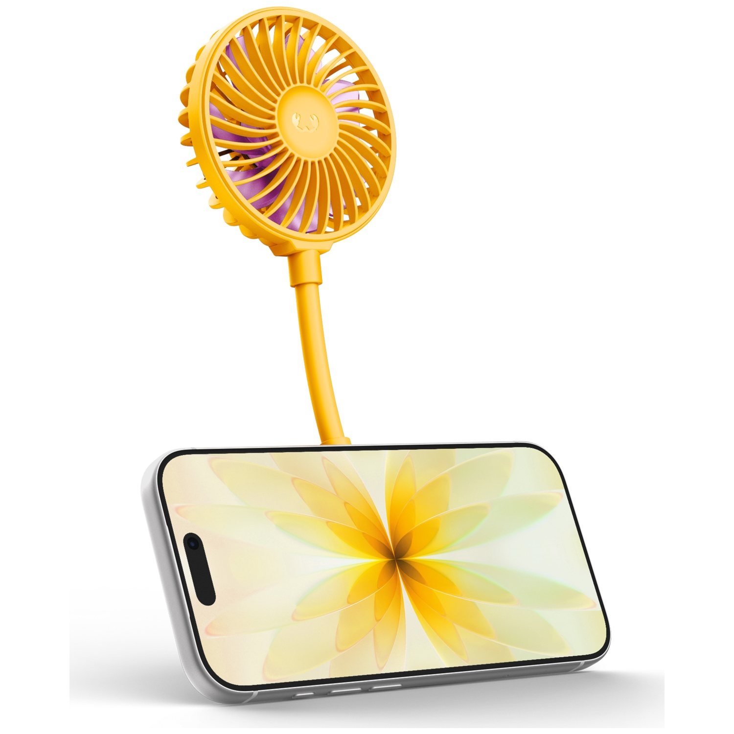 Een gele nekventilator met paarse bladen rust op een smartphone met bloemenbehang.