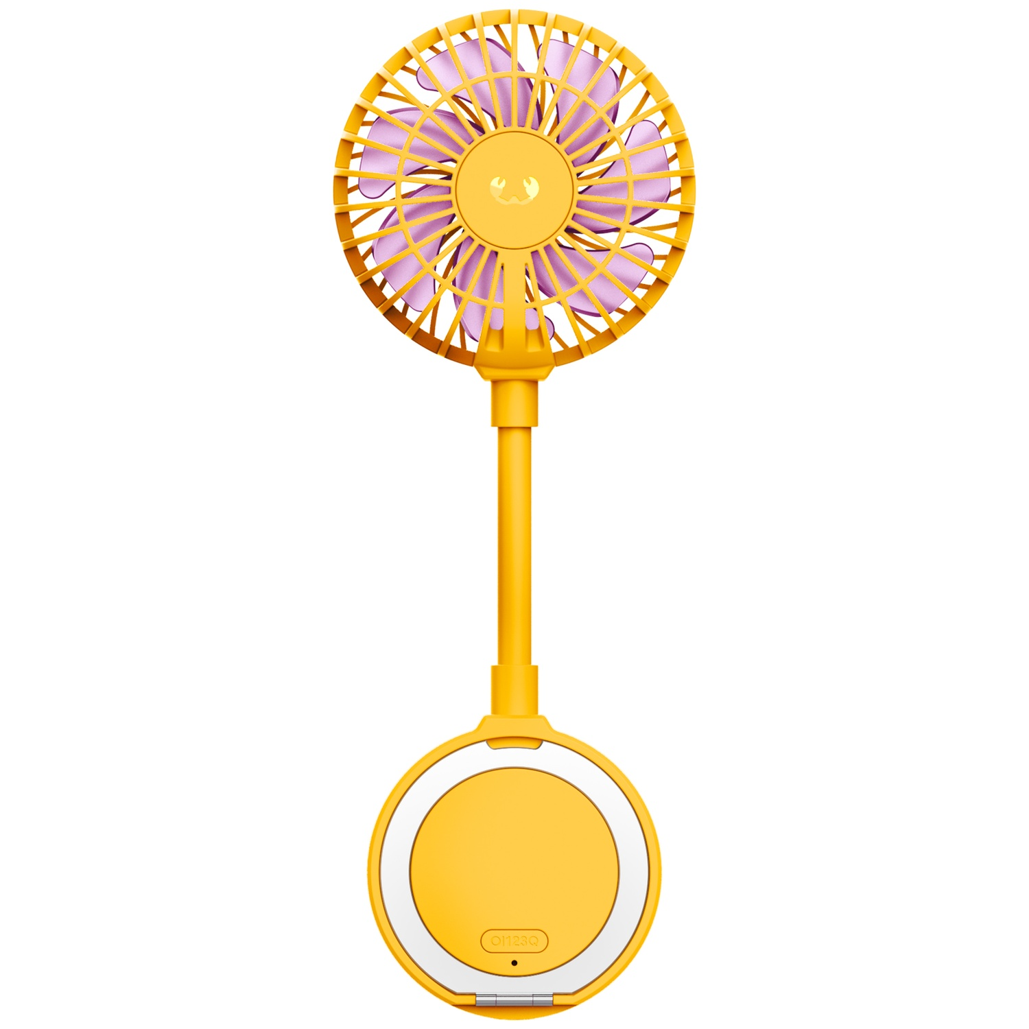 Een gele ventilator met paarse bladen en een schattig gezichtje.