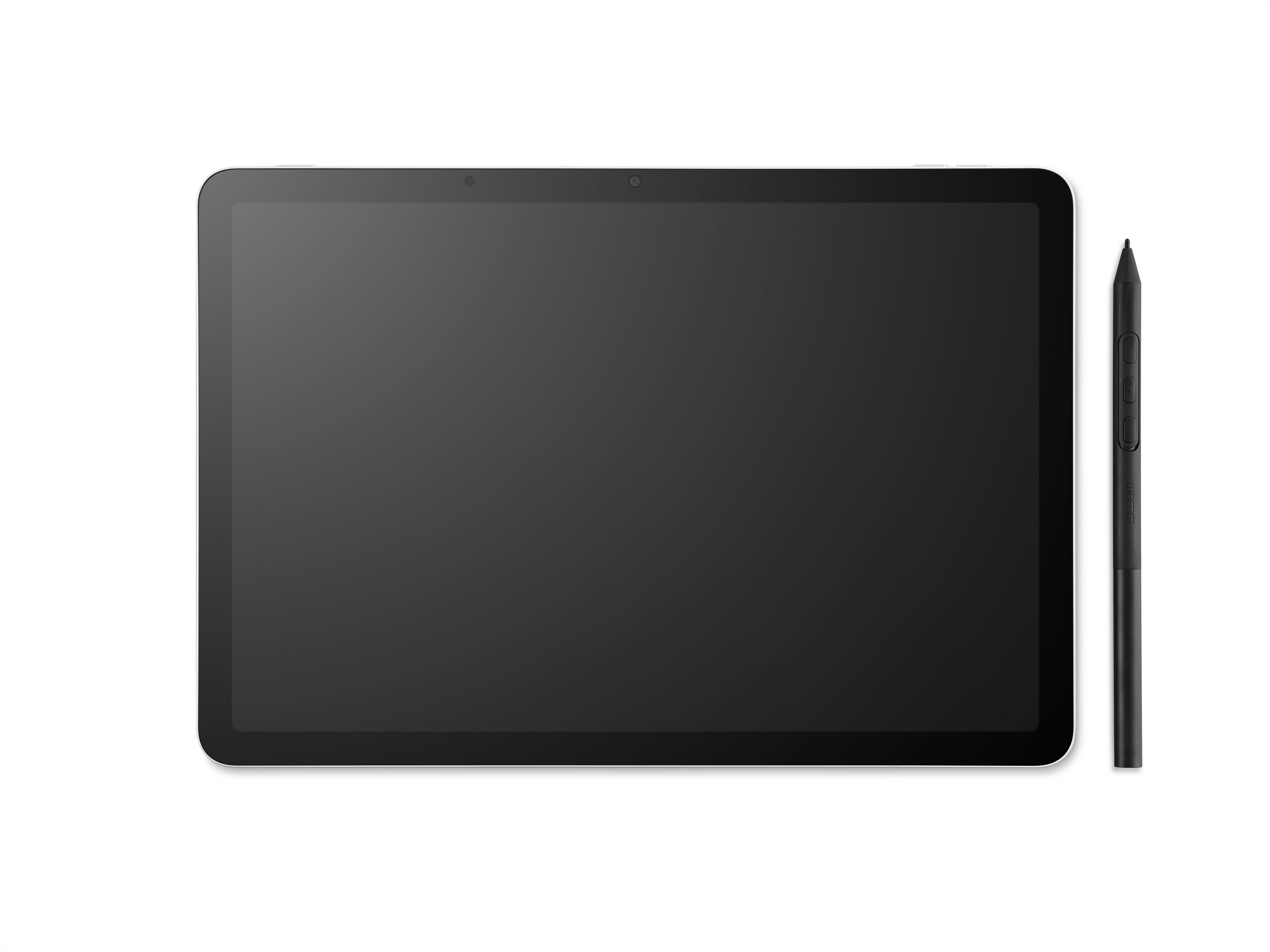 Ein schwarzes Tablet mit einem Stift daneben auf weißem Hintergrund.