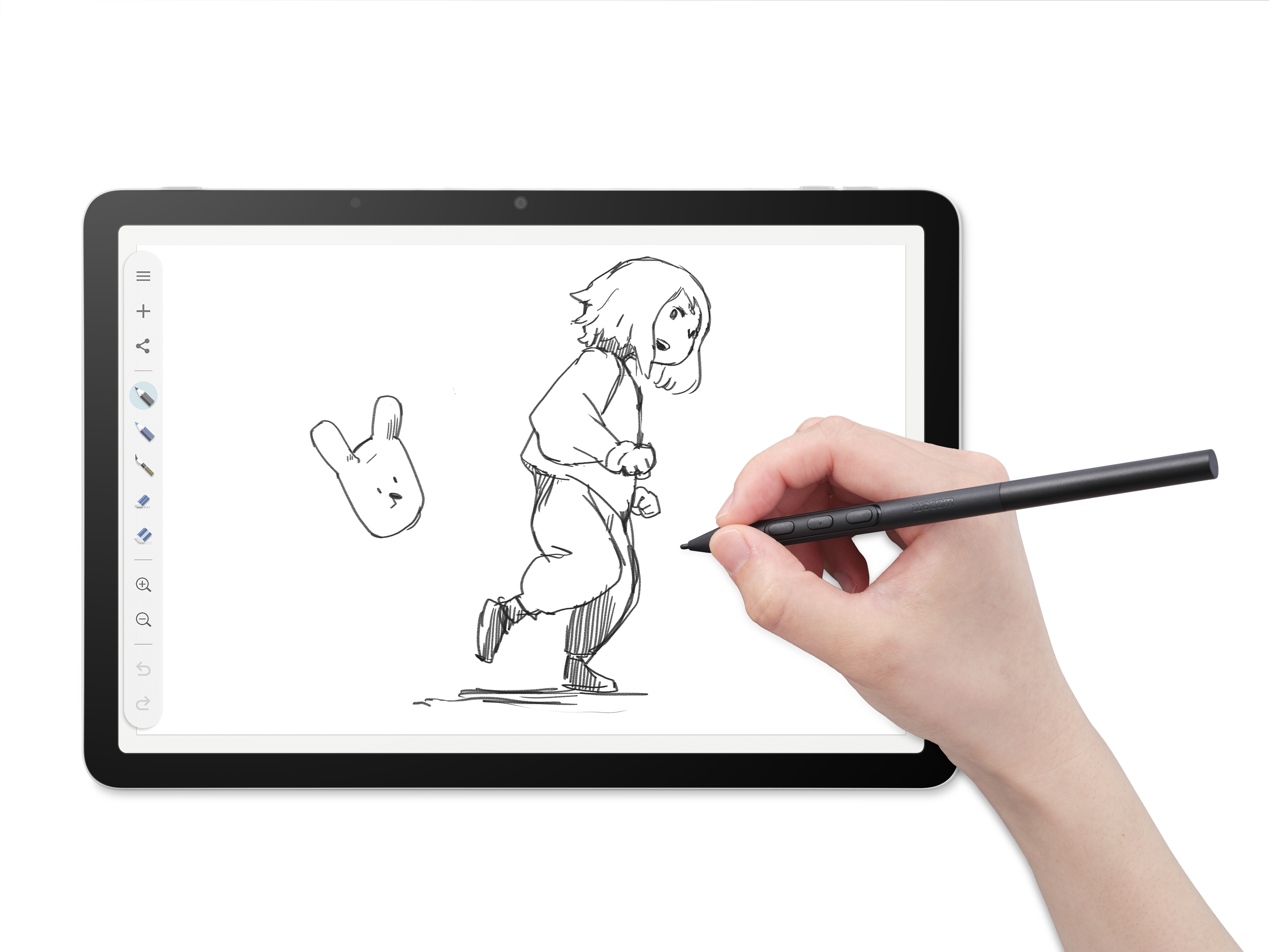 Hand zeichnet mit Stift auf Tablet eine Comicfigur und einen Hasen.