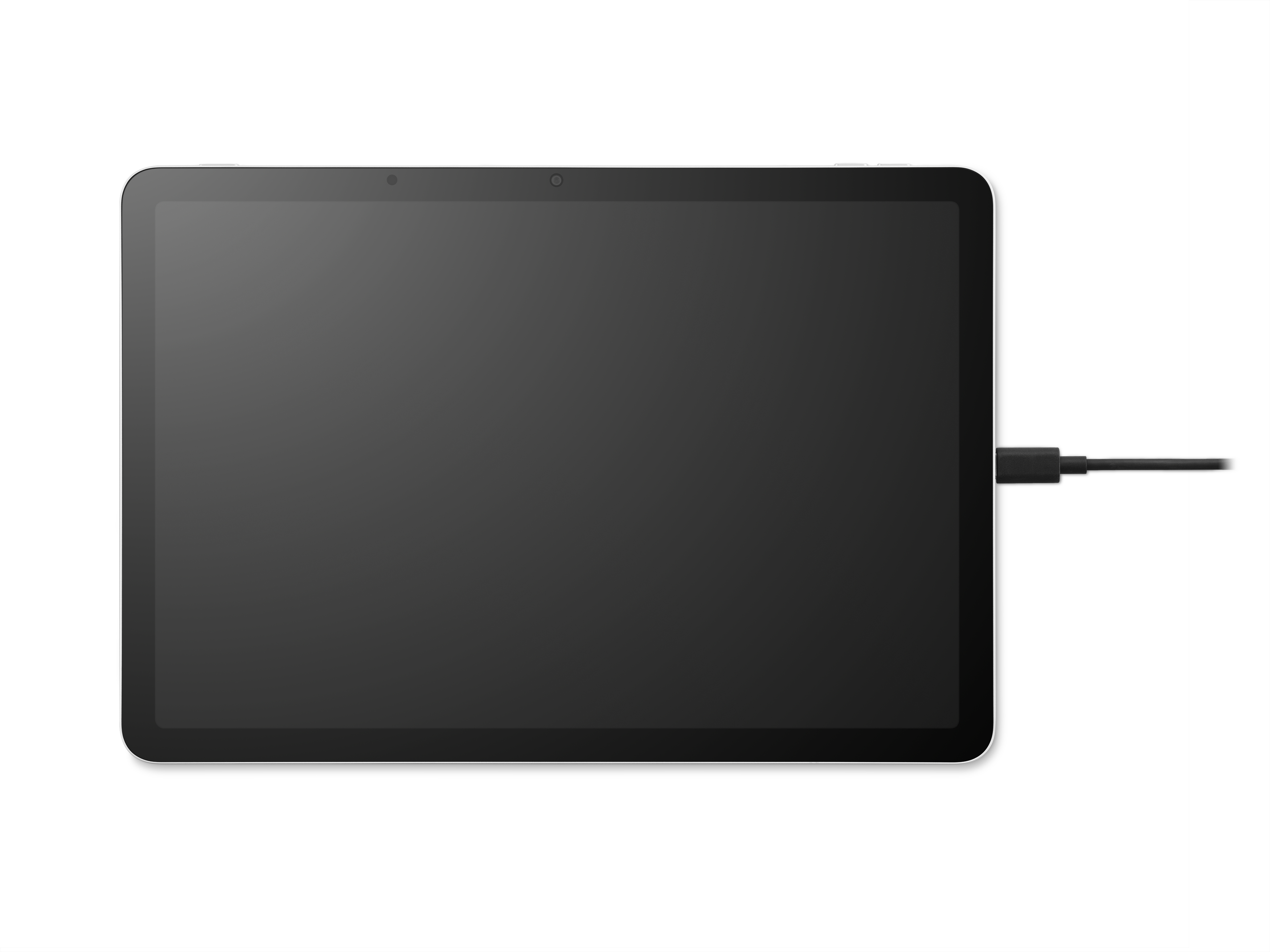 Ein schwarzes Tablet mit einem schwarzen Ladekabel, das an der rechten Seite angeschlossen ist.