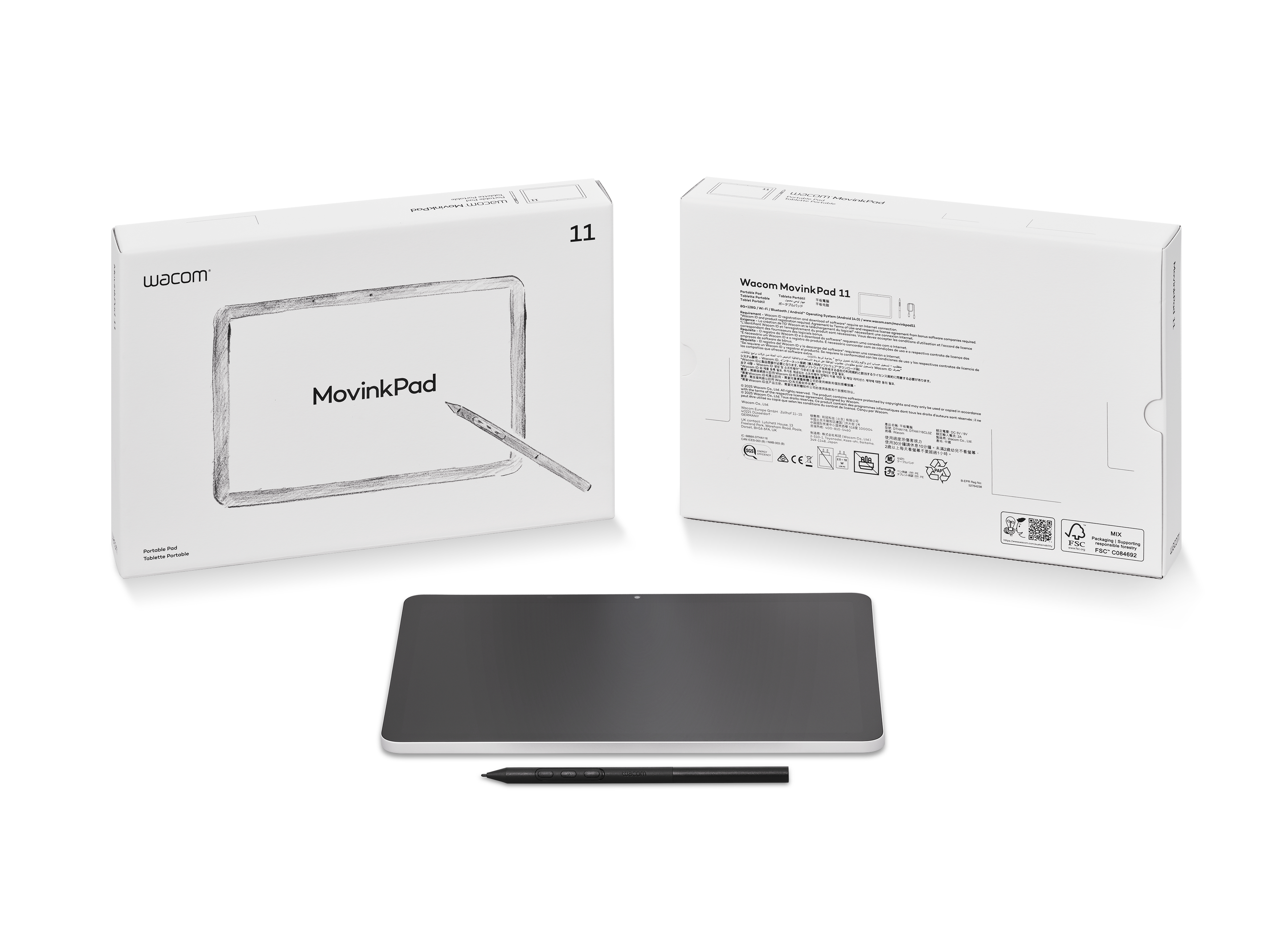 Wacom MovinkPad 11 mit Stift und Verpackung auf weißem Hintergrund.