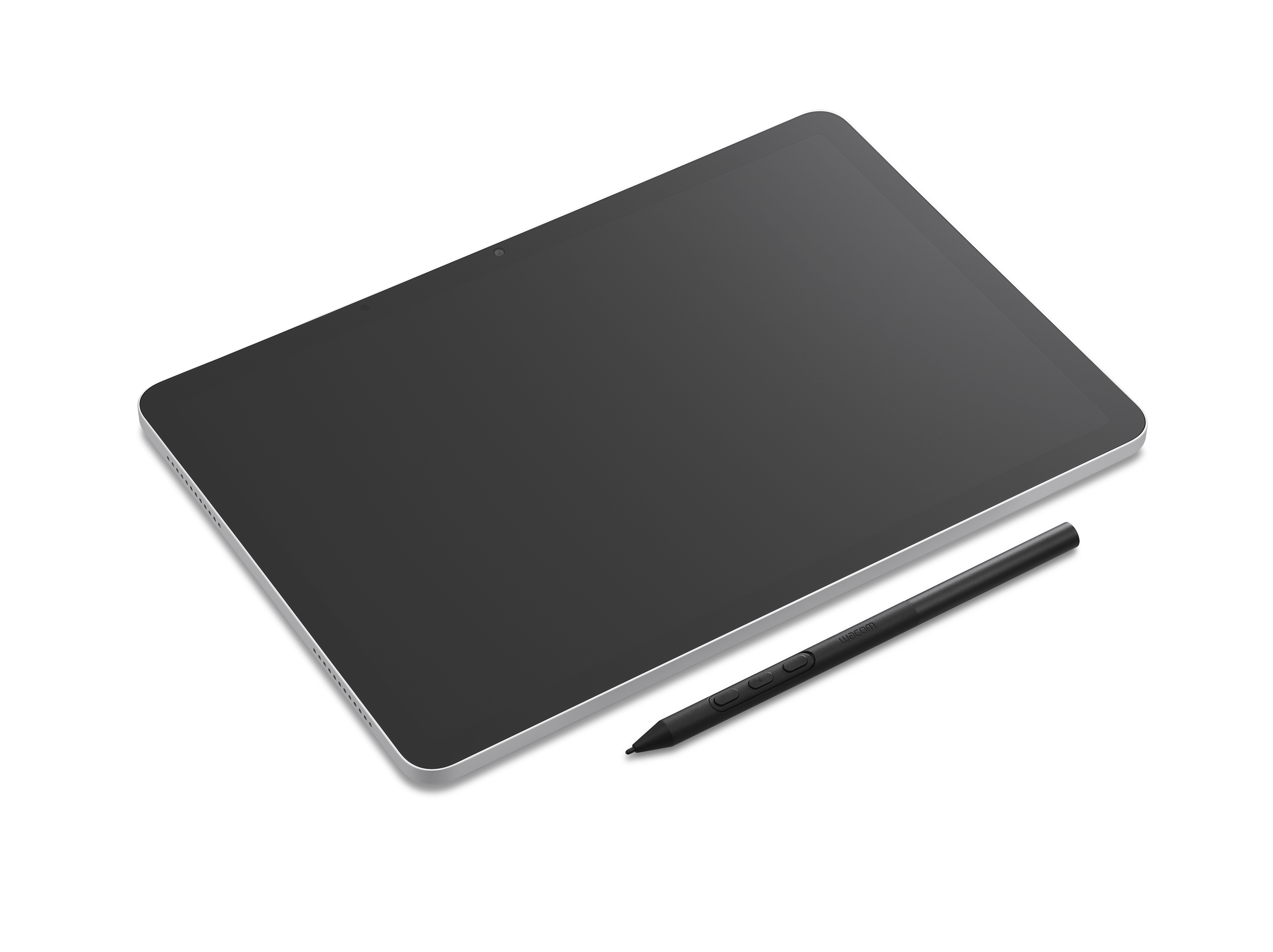 Ein schwarzer Tablet mit einem Stift auf weißem Hintergrund.