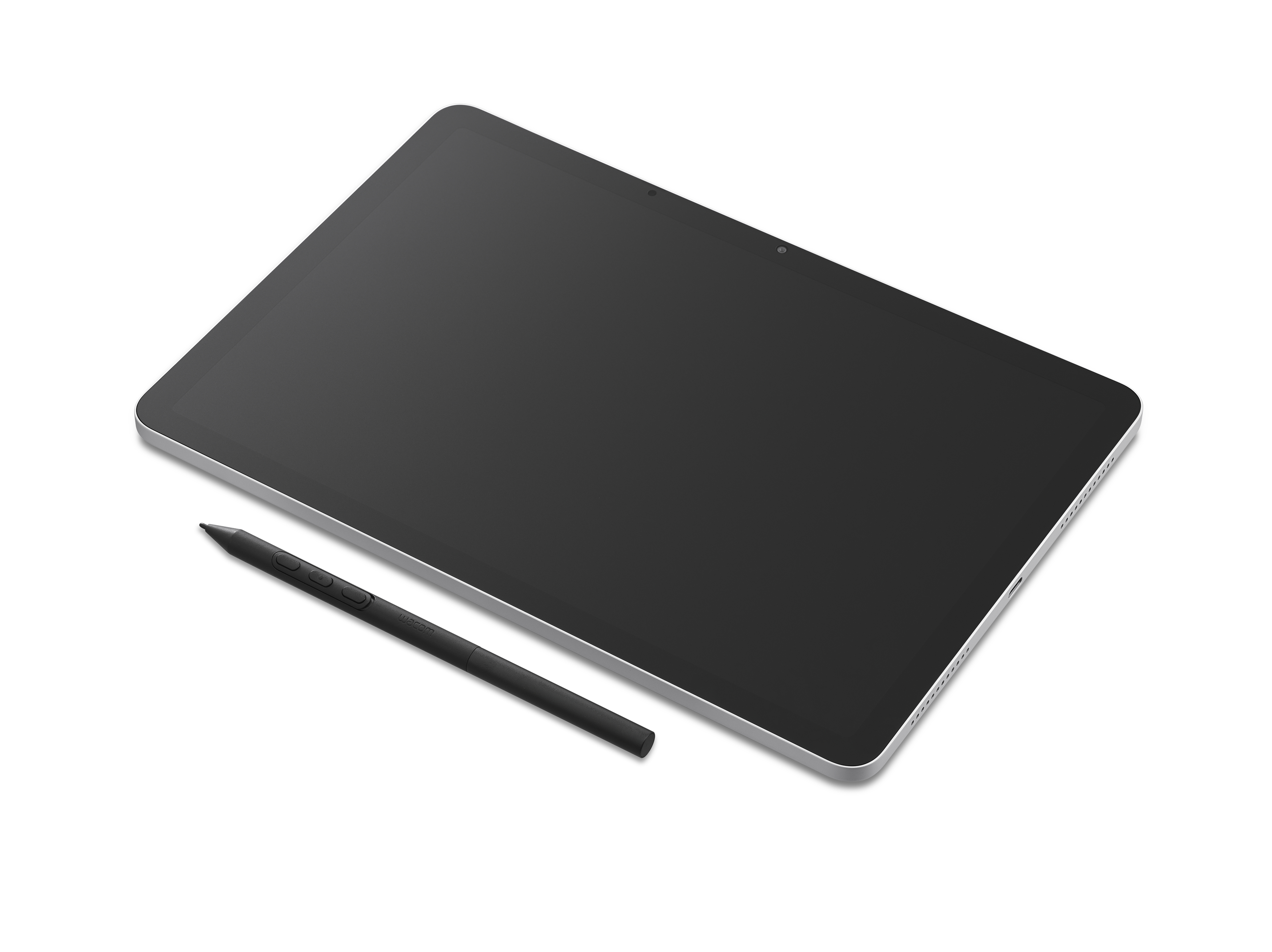 Ein schwarzer Stift liegt neben einem grauen Tablet auf weißem Hintergrund.