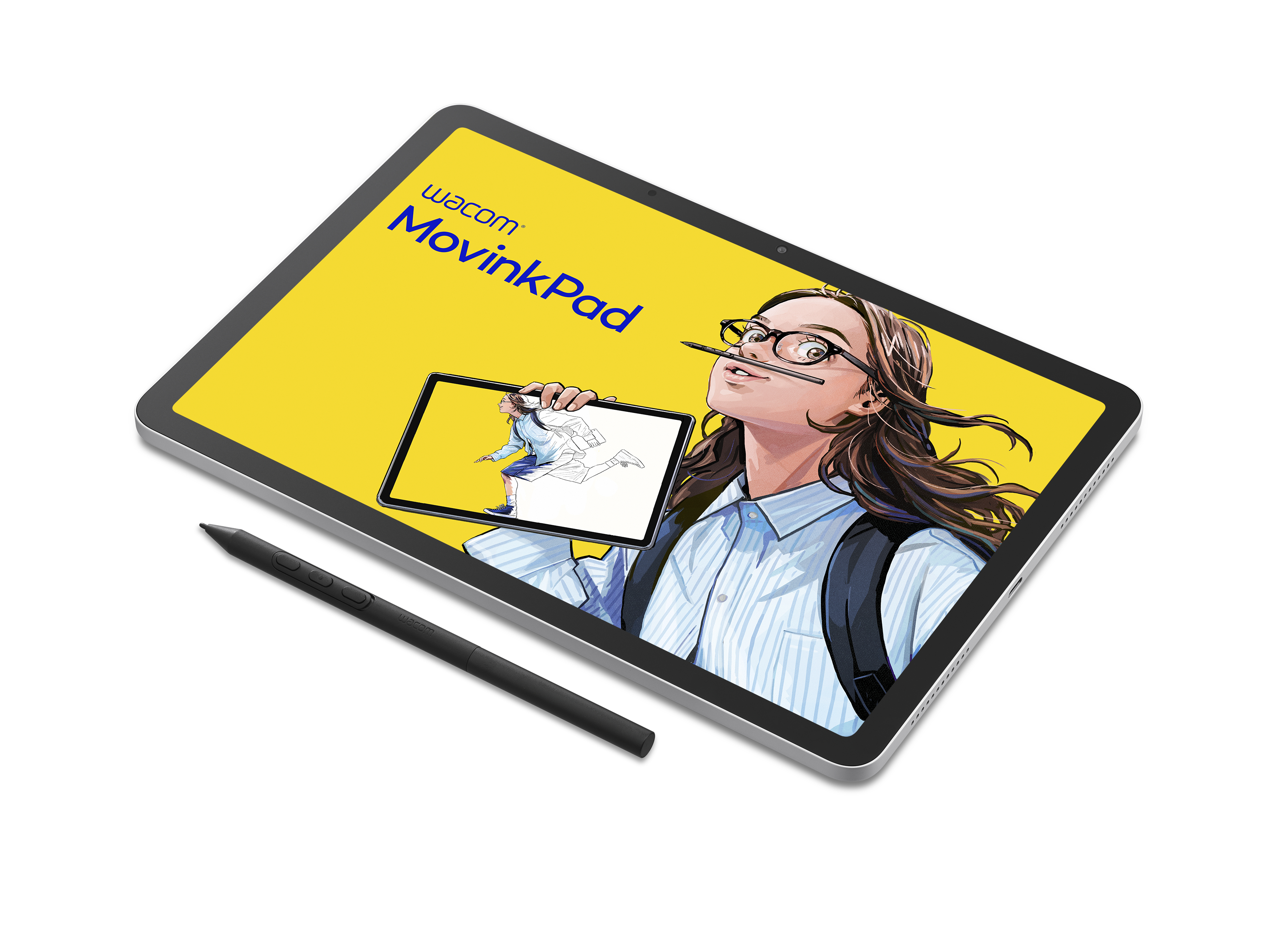 Ein Wacom MovinkPad mit Stift. Ein Mädchen mit Brille hält einen Stift vor dem Mund.