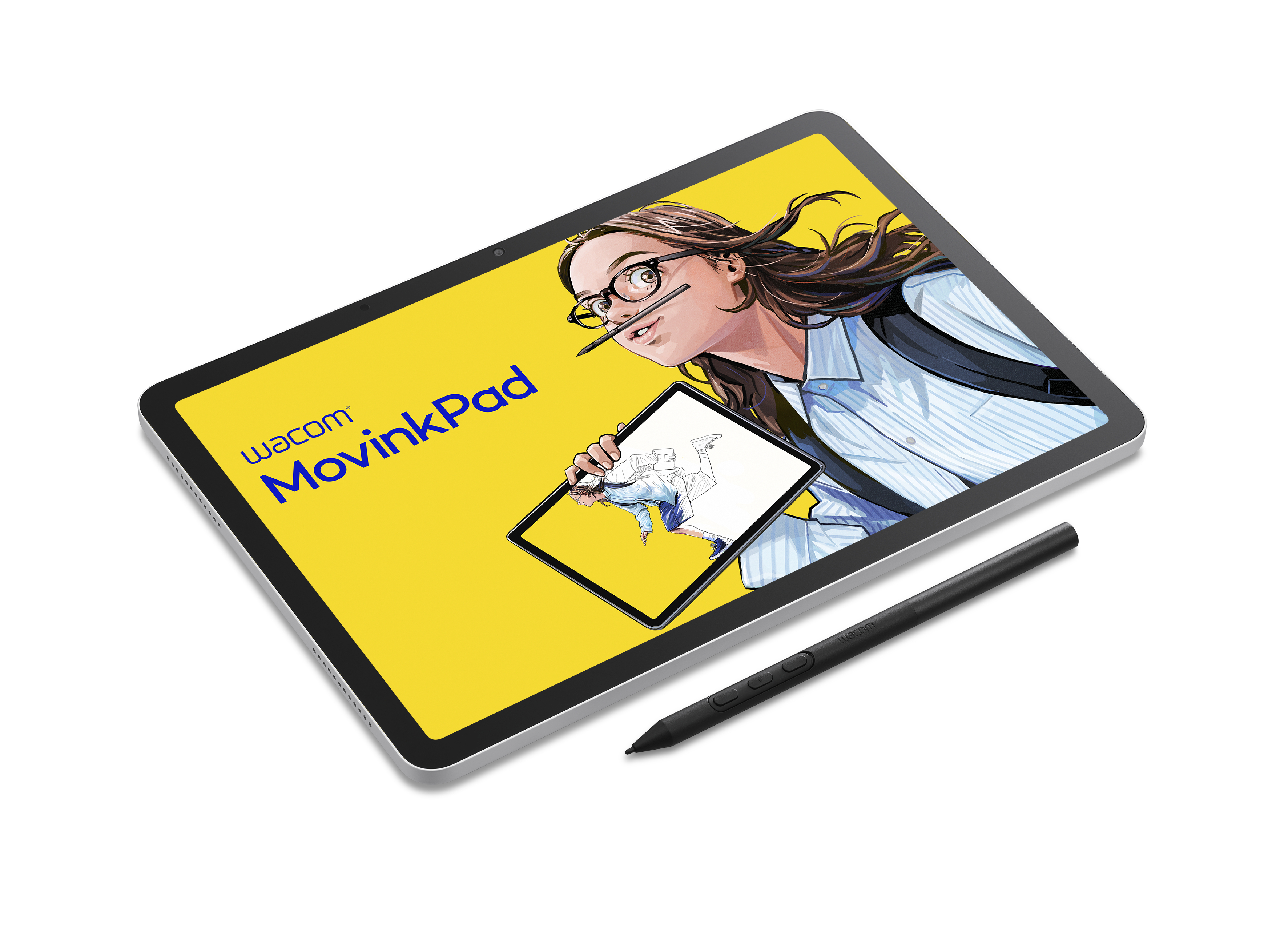 Ein Tablet mit gelbem Hintergrund zeigt eine gezeichnete Frau mit Brille und Stift.