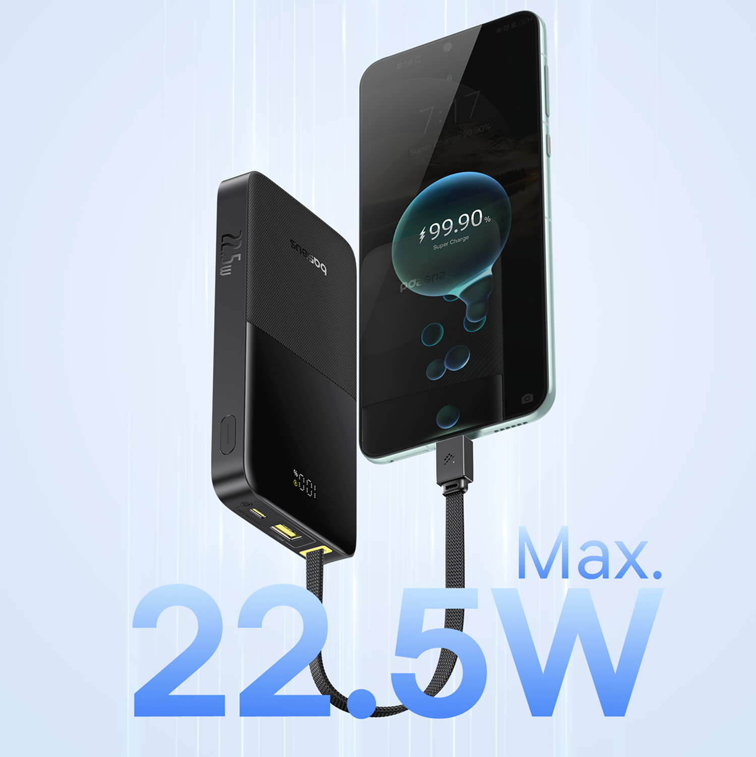 Un power bank negro carga un smartphone a 22,5W. Máx. 22,5W.