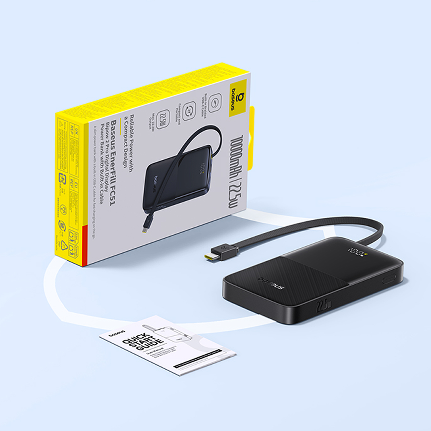 Baseus Power Bank 10000mAh 22,5W con cable USB-C incorporado y guía de inicio rápido.