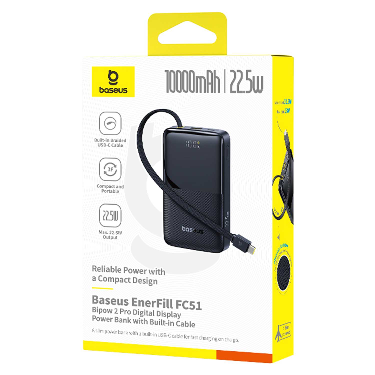 Power bank Baseus 10000mAh 22.5W con cable USB-C incorporado.