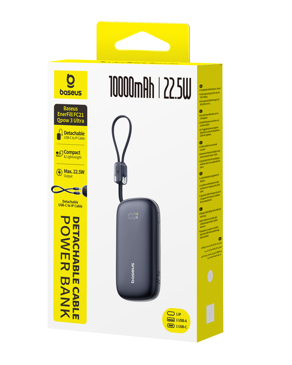 Baseus Power Bank 10000mAh con cable USB-C desmontable, 22.5W.