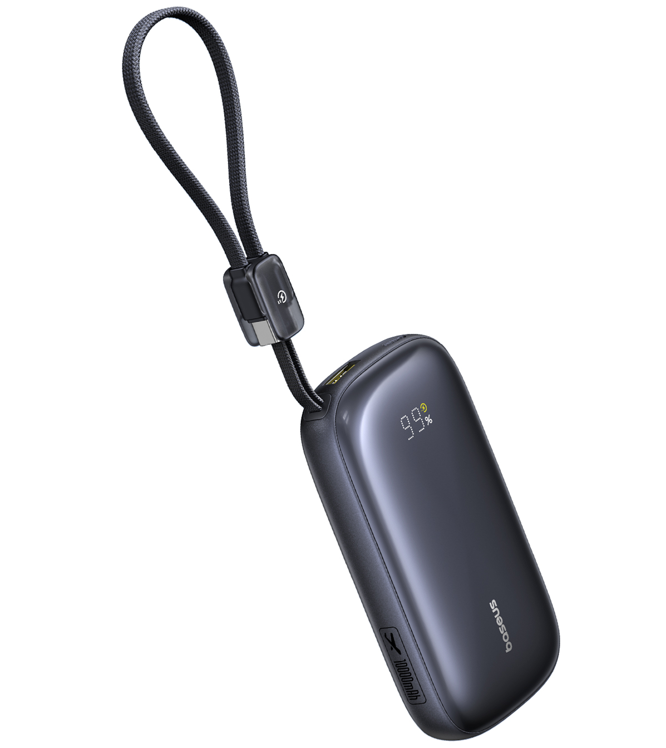 Batería externa negra con cordón y pantalla digital del 99%.