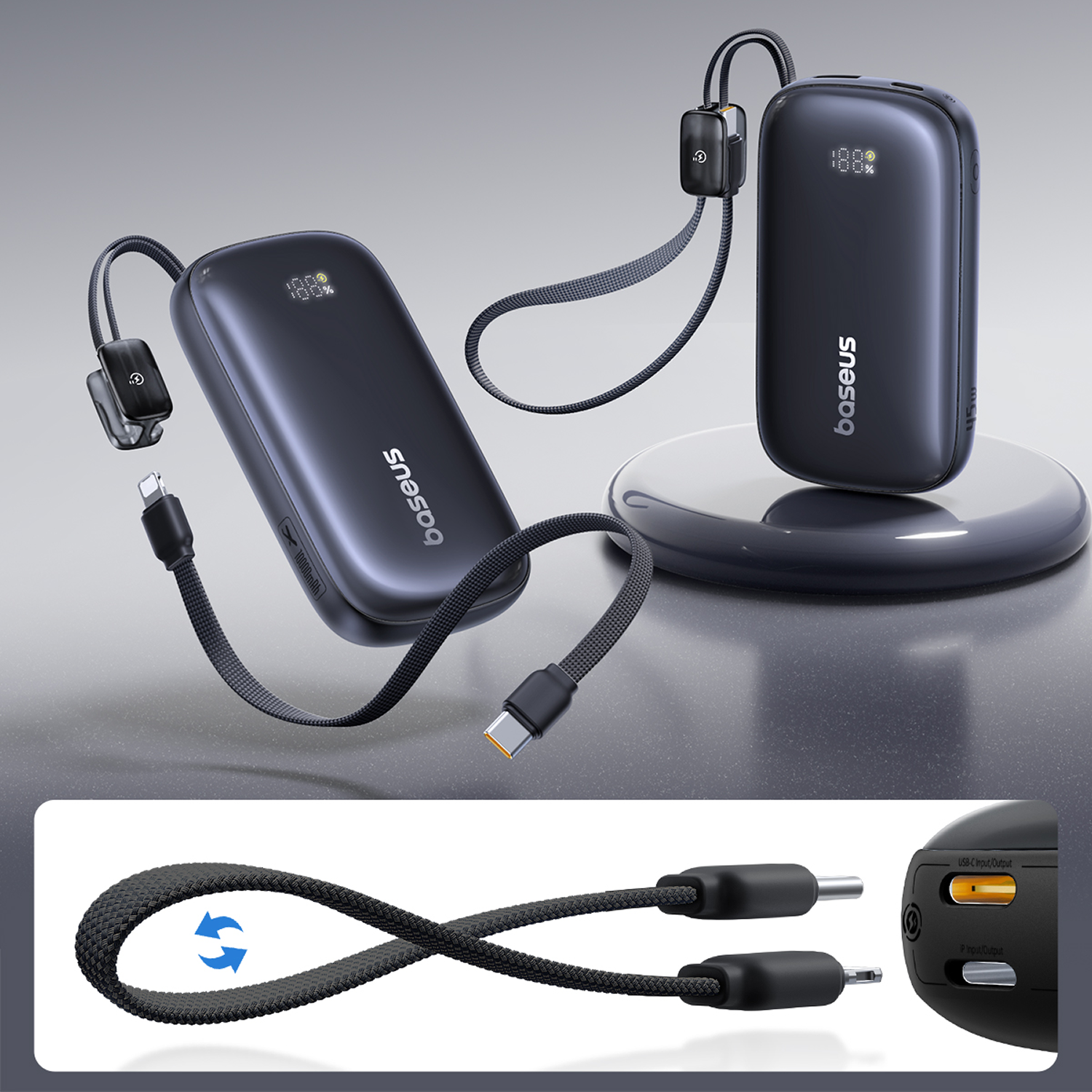 Set de power bank Baseus negro con cable de carga y pantalla digital.
