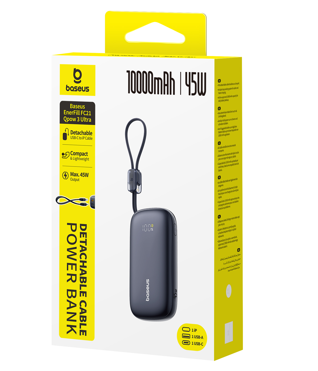 Baseus Power Bank de 10000mAh con 45W, cable desmontable y pantalla digital.