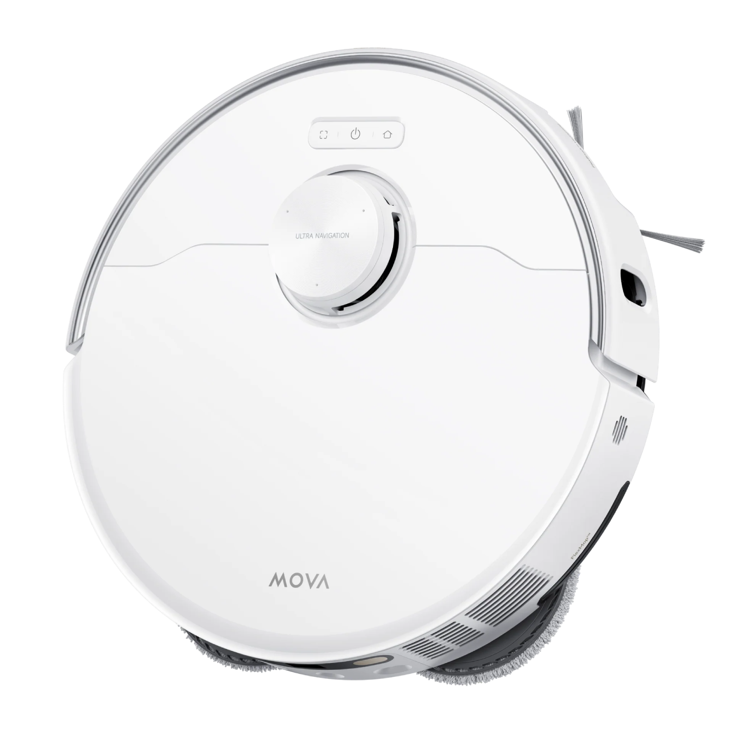 Un robot aspirador blanco con logo "MOVA" y dial de navegación.