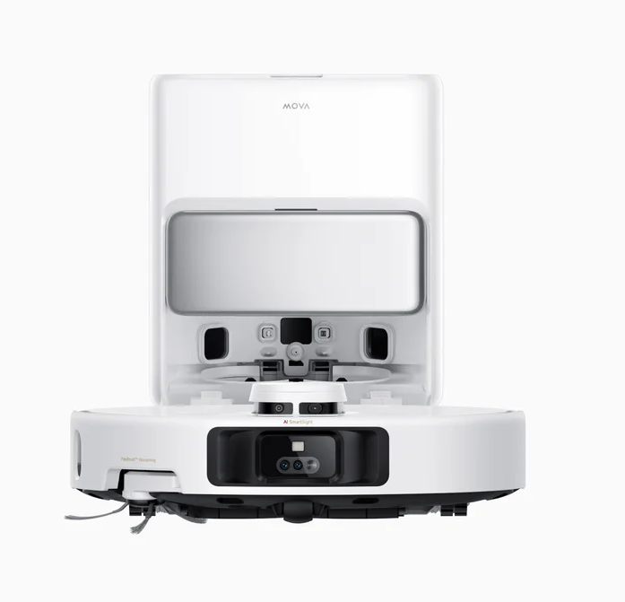 Un robot aspirador blanco con la tapa superior abierta, mostrando cámaras frontales y cepillos.