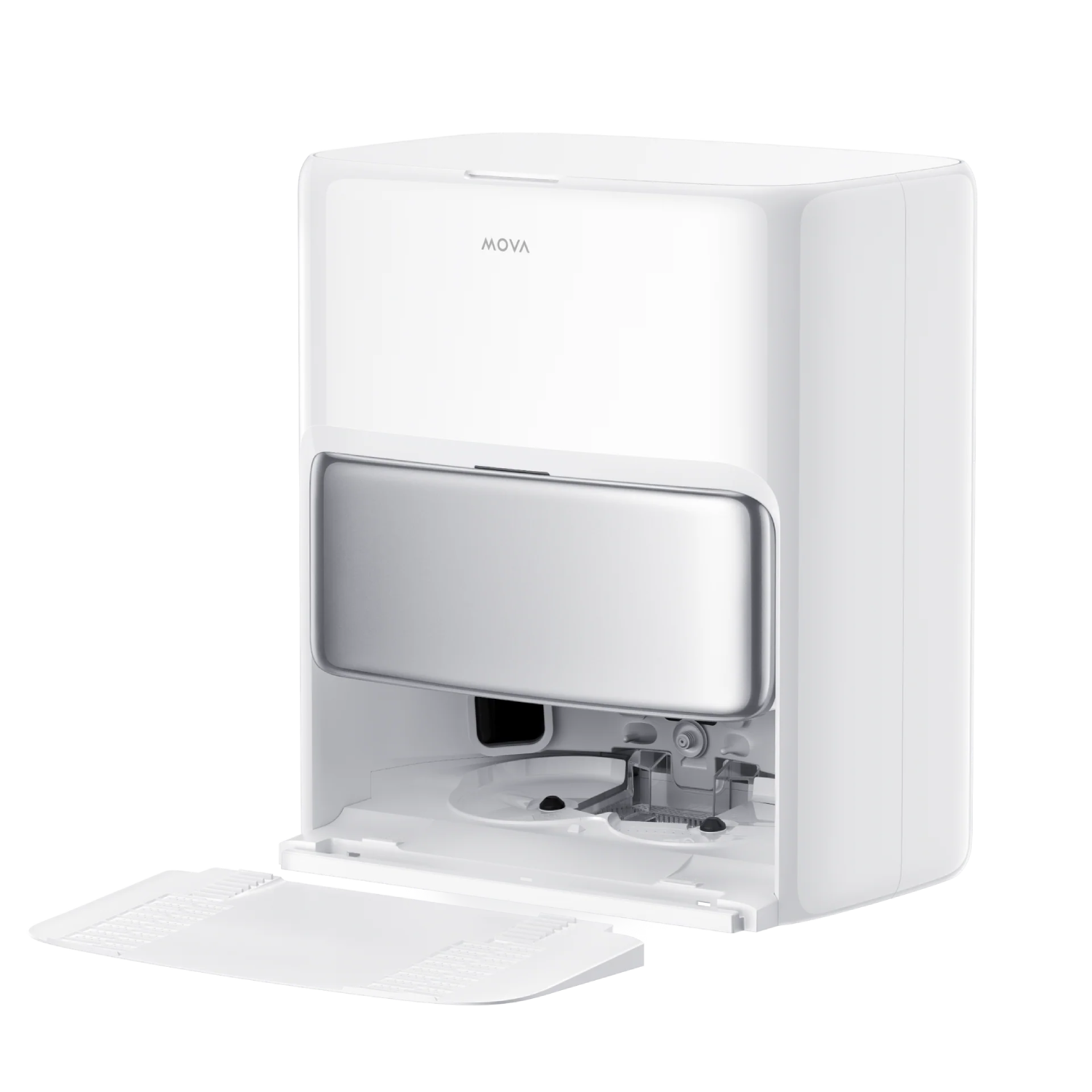Un robot aspirador MOVA blanco con compartimento abierto y base de carga extendida.