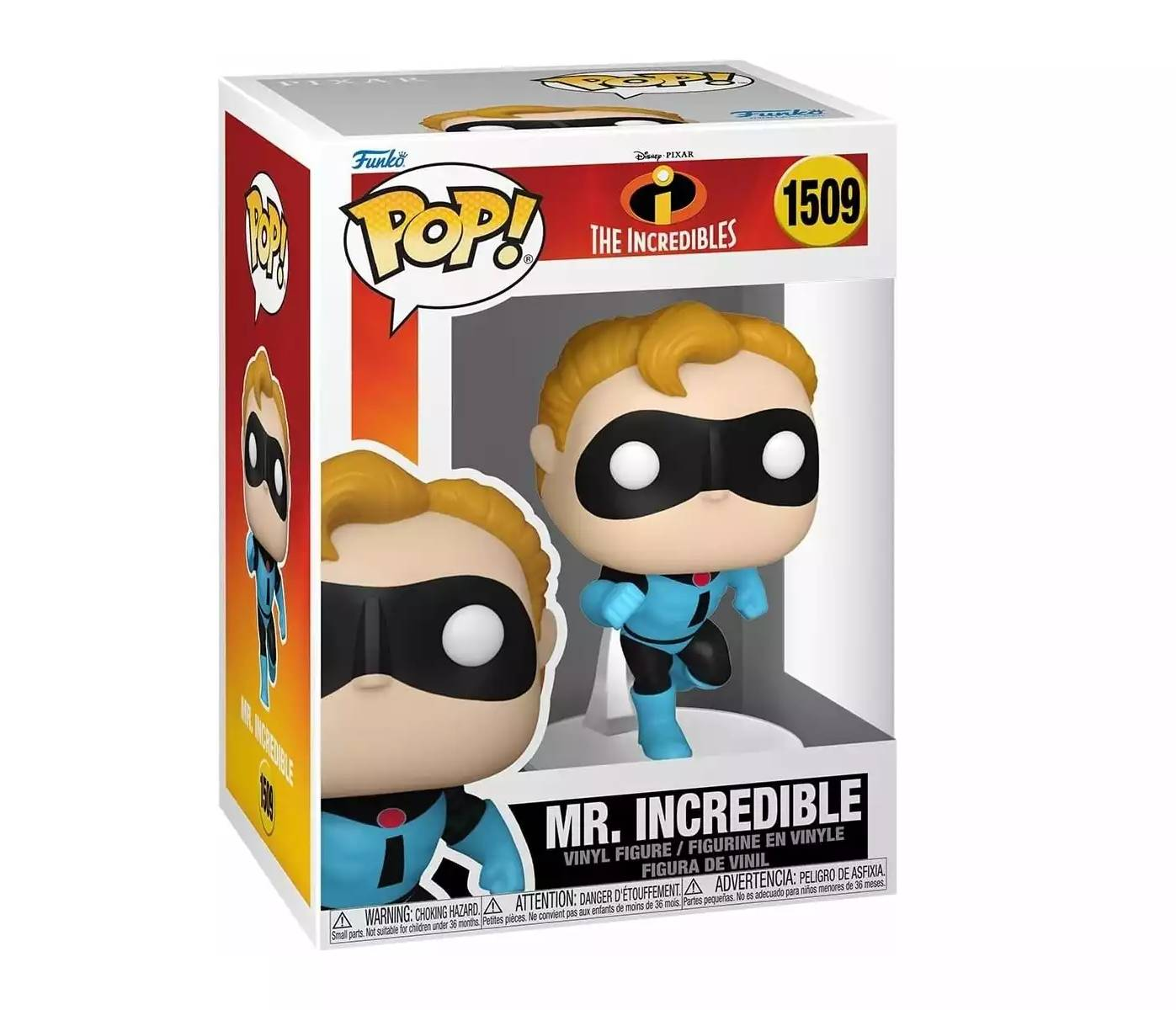 Figura Funko Pop! de Mr. Incredible con traje azul y máscara negra, en su caja.