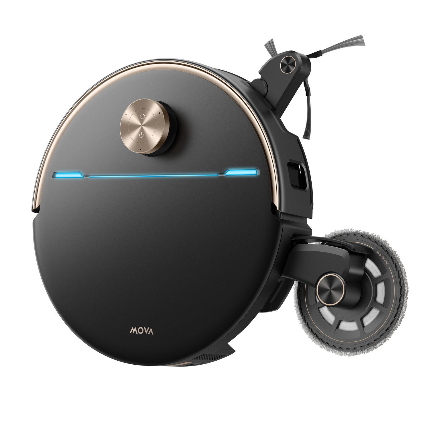 Aspiradora robot negra con cepillos y rueda de mopa, detalles dorados, tira de luz azul.
