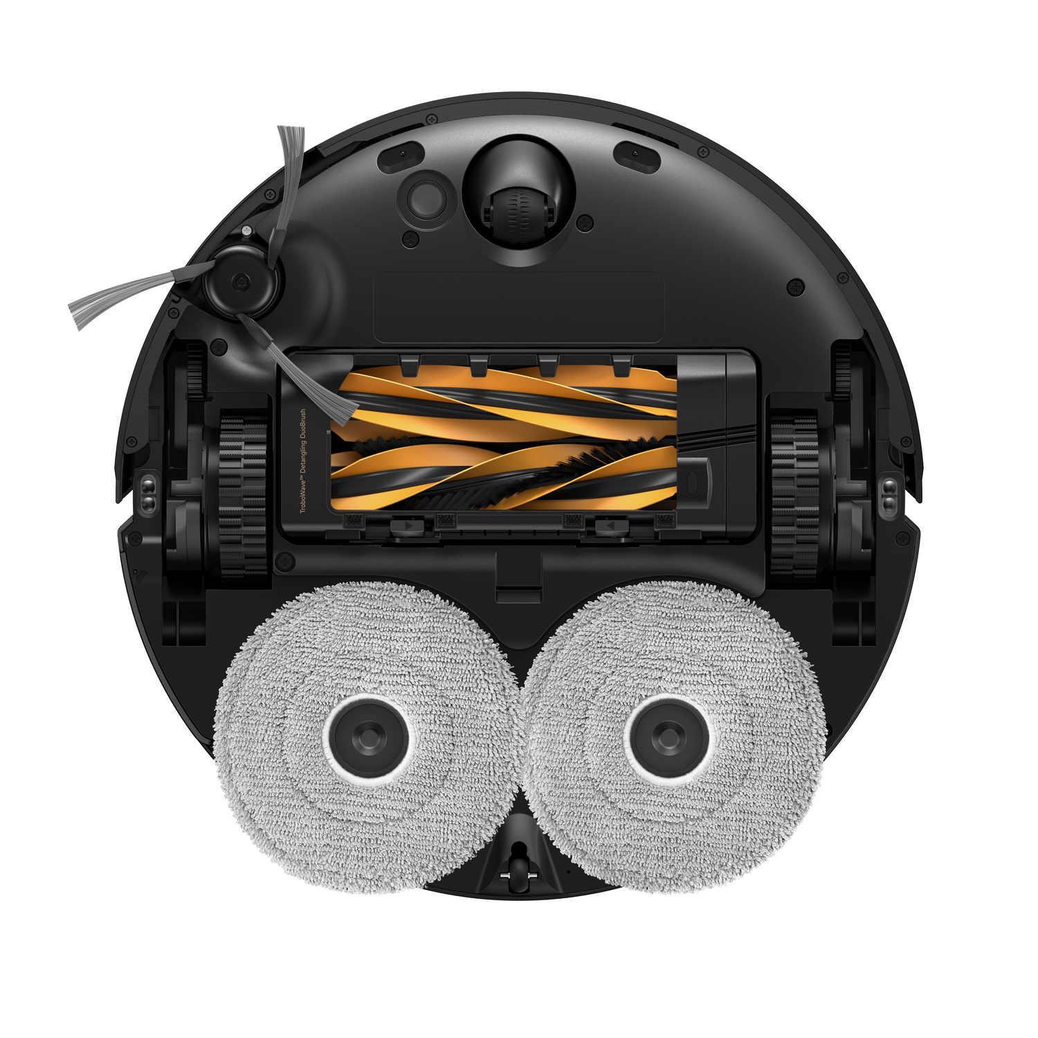 Parte inferior de un robot aspirador negro con dos mops giratorios y un cepillo.