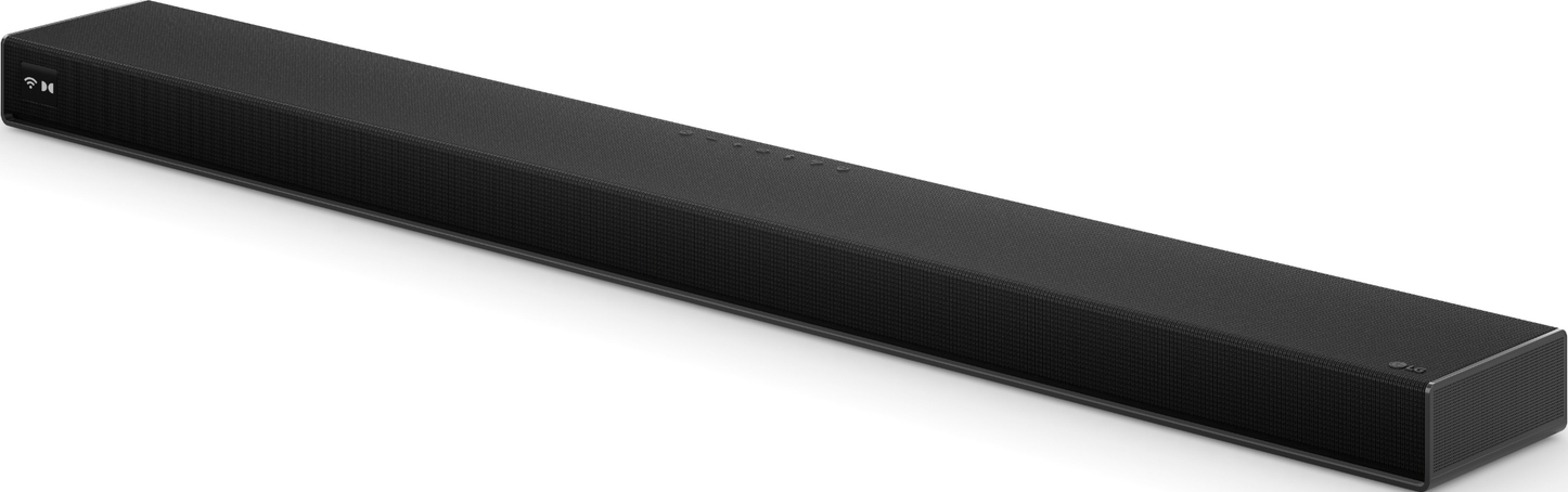 Barre de son LG noire et rectangulaire avec des commandes argentées dessus.