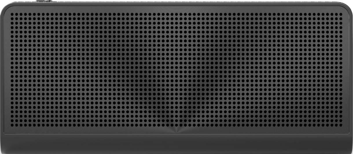 Haut-parleur rectangulaire noir avec panneau avant perforé.