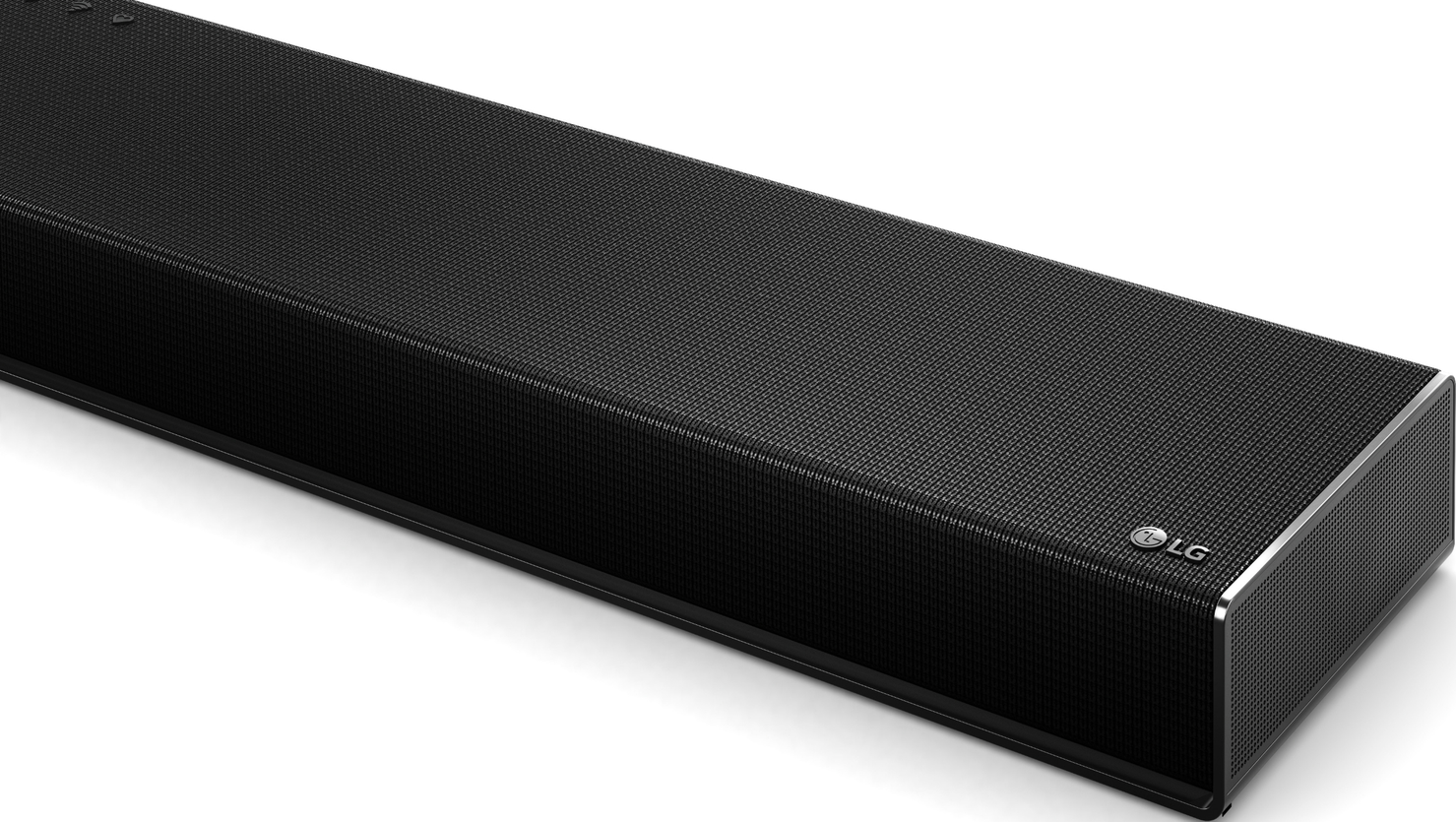 Barre de son LG noire avec bordure argentée et grille texturée.