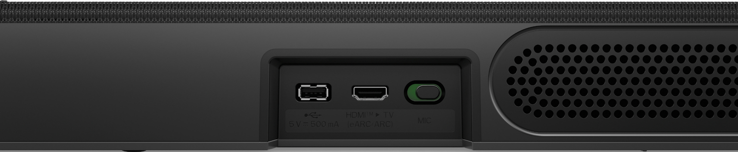 Arrière d'une barre de son noire avec port USB, HDMI et microphone.