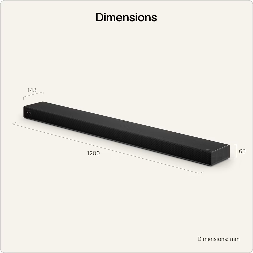 Barre de son noire avec dimensions de 1200x143x63 mm.