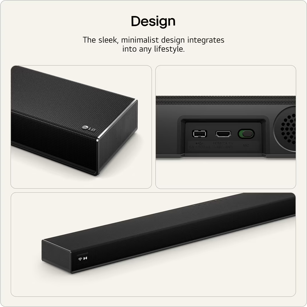 Barre de son LG noire montrant les ports : USB, HDMI, ARC, microphone.