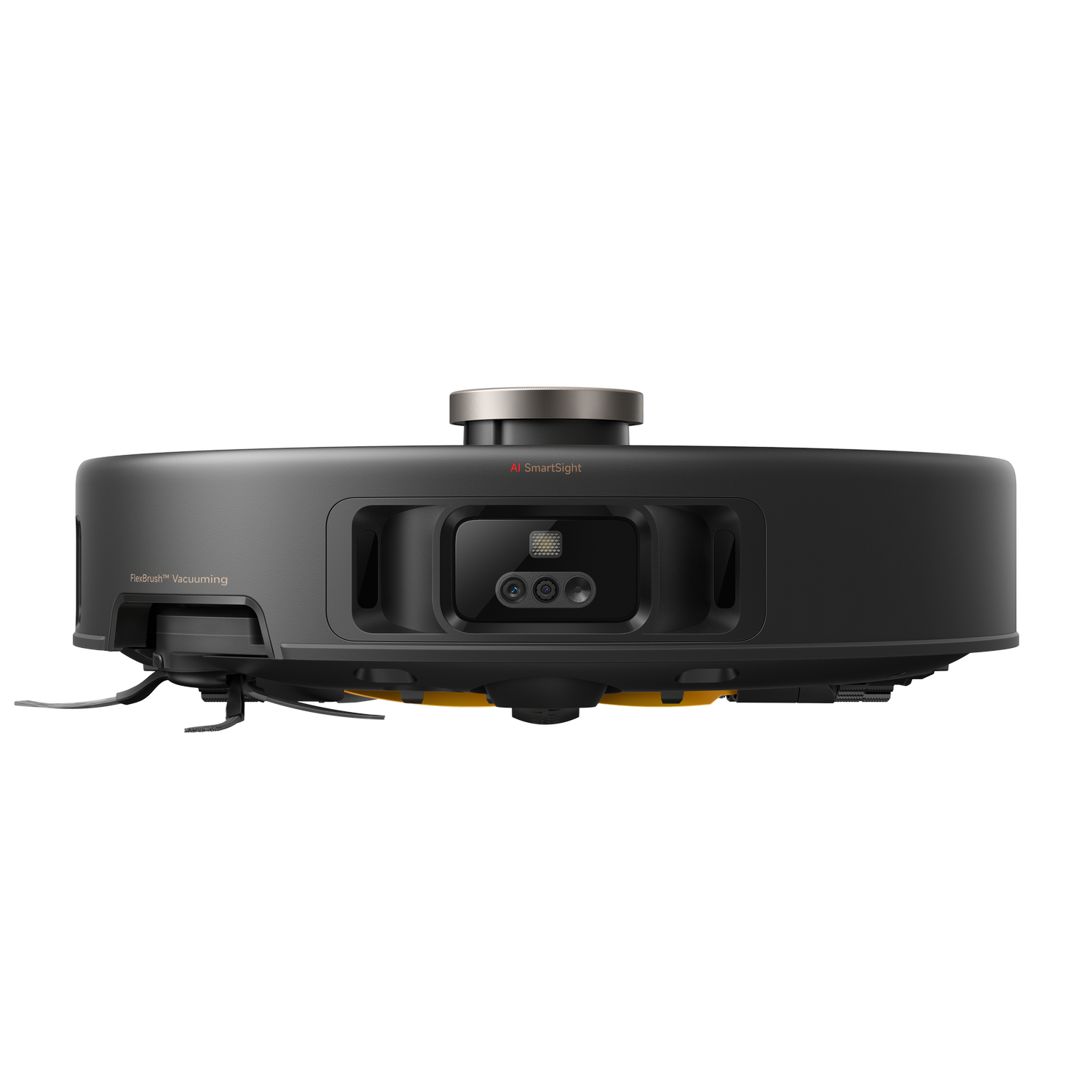 Un robot aspirador negro con AI Smart Sight y FlexBrush Vacuuming.