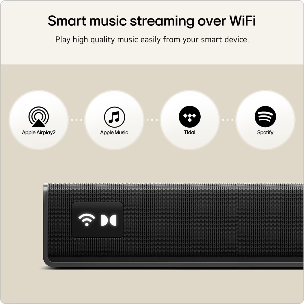 Une enceinte noire affiche les logos Apple Airplay2, Apple Music, Tidal et Spotify.