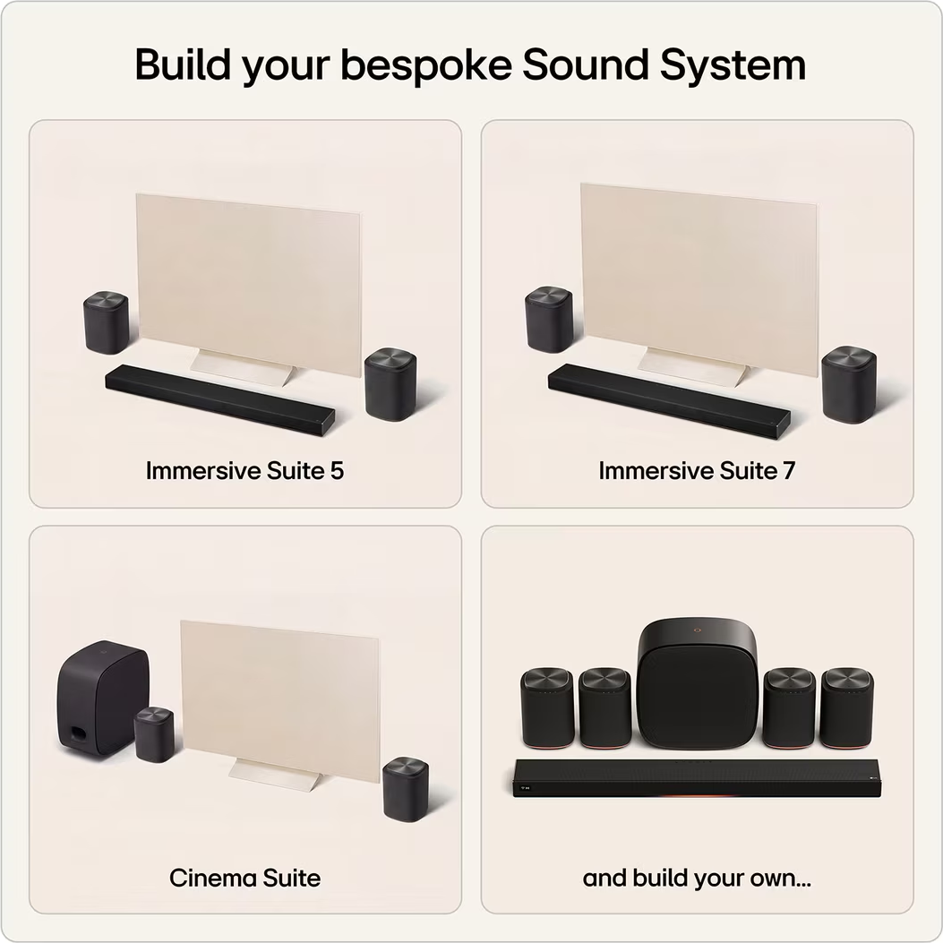 Quatre configurations de système sonore : Immersive Suite 5, 7, Cinema Suite et personnalisée.