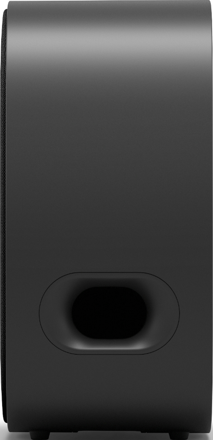 Haut-parleur noir avec port bass reflex et grille en tissu.