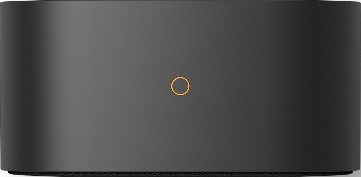 Haut-parleur cylindrique gris avec un cercle orange au centre.