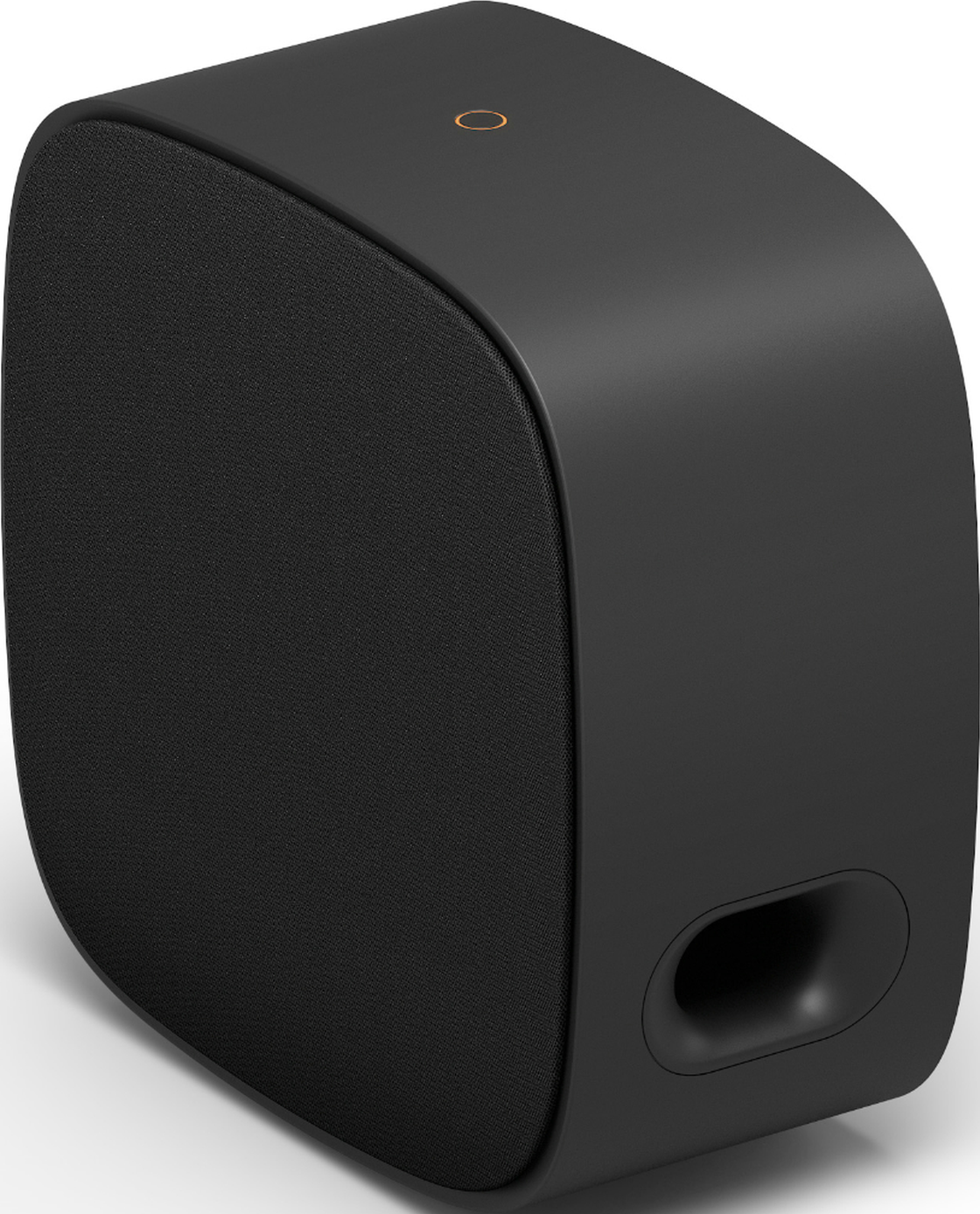 Enceinte noire avec grille en tissu et un évent bass reflex.