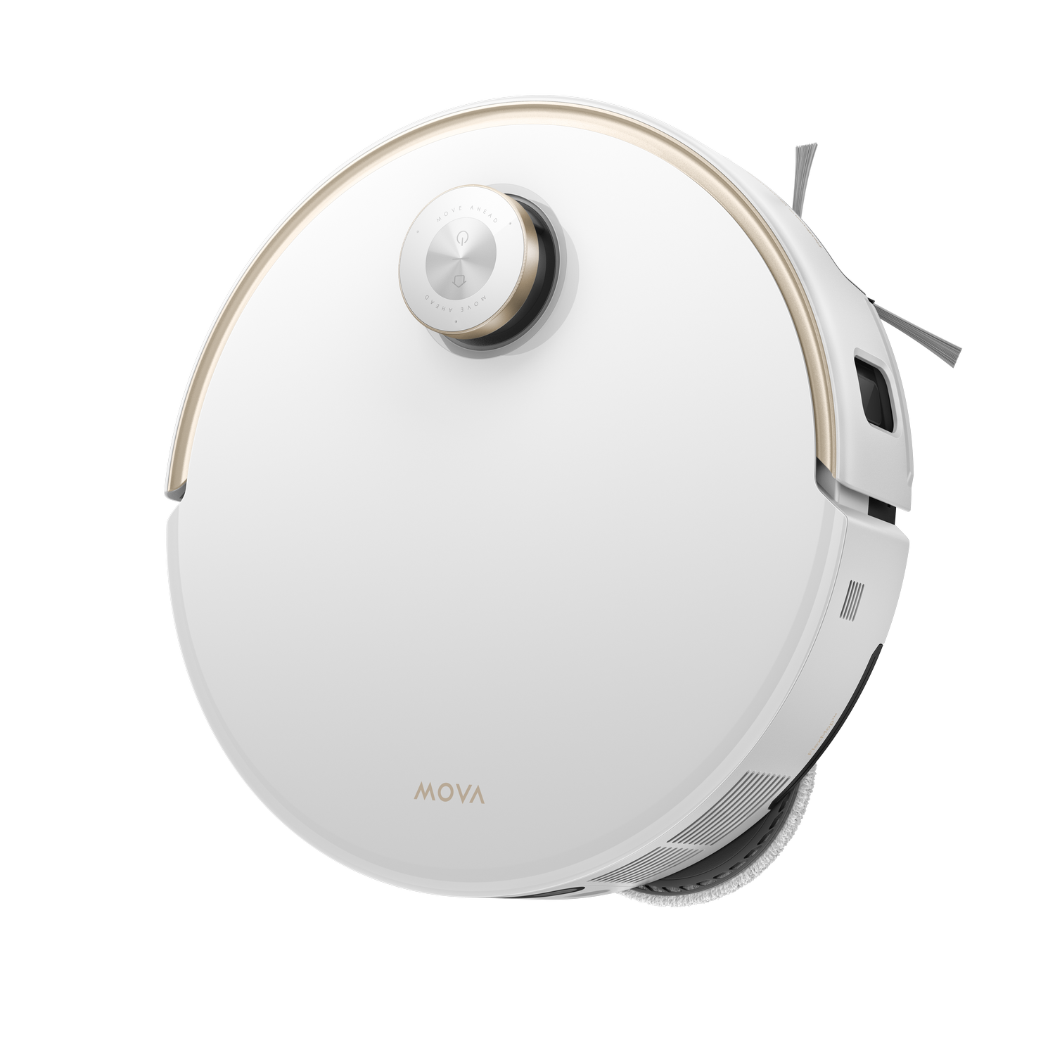 Un robot aspirador blanco con detalles dorados sobre fondo gris.