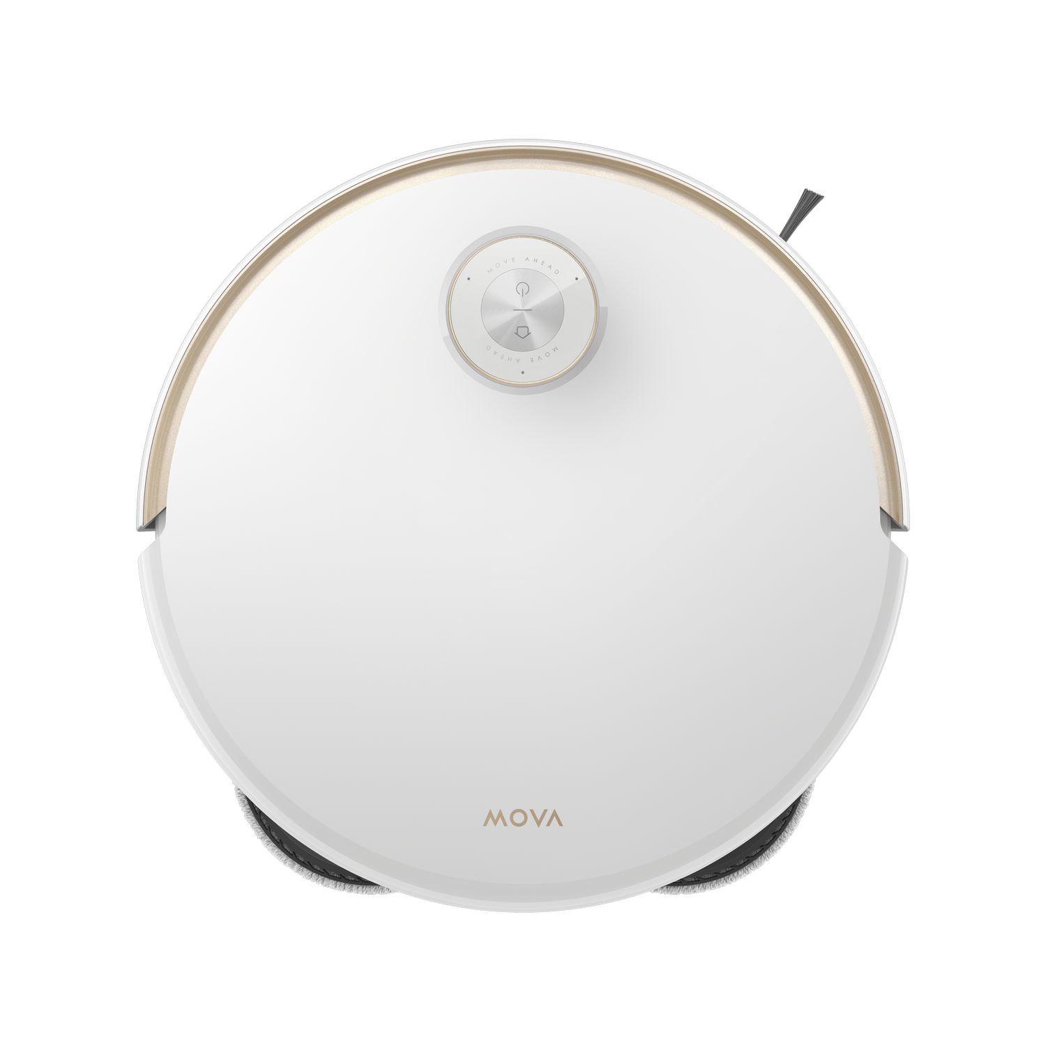 Vista superior de un robot aspirador blanco con borde dorado y dial de control plateado.