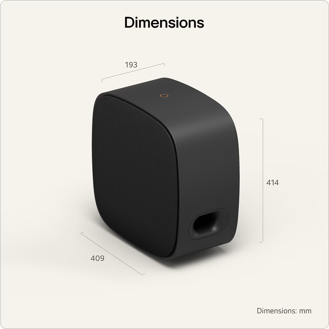 Haut-parleur noir avec dimensions 193x409x414 mm.