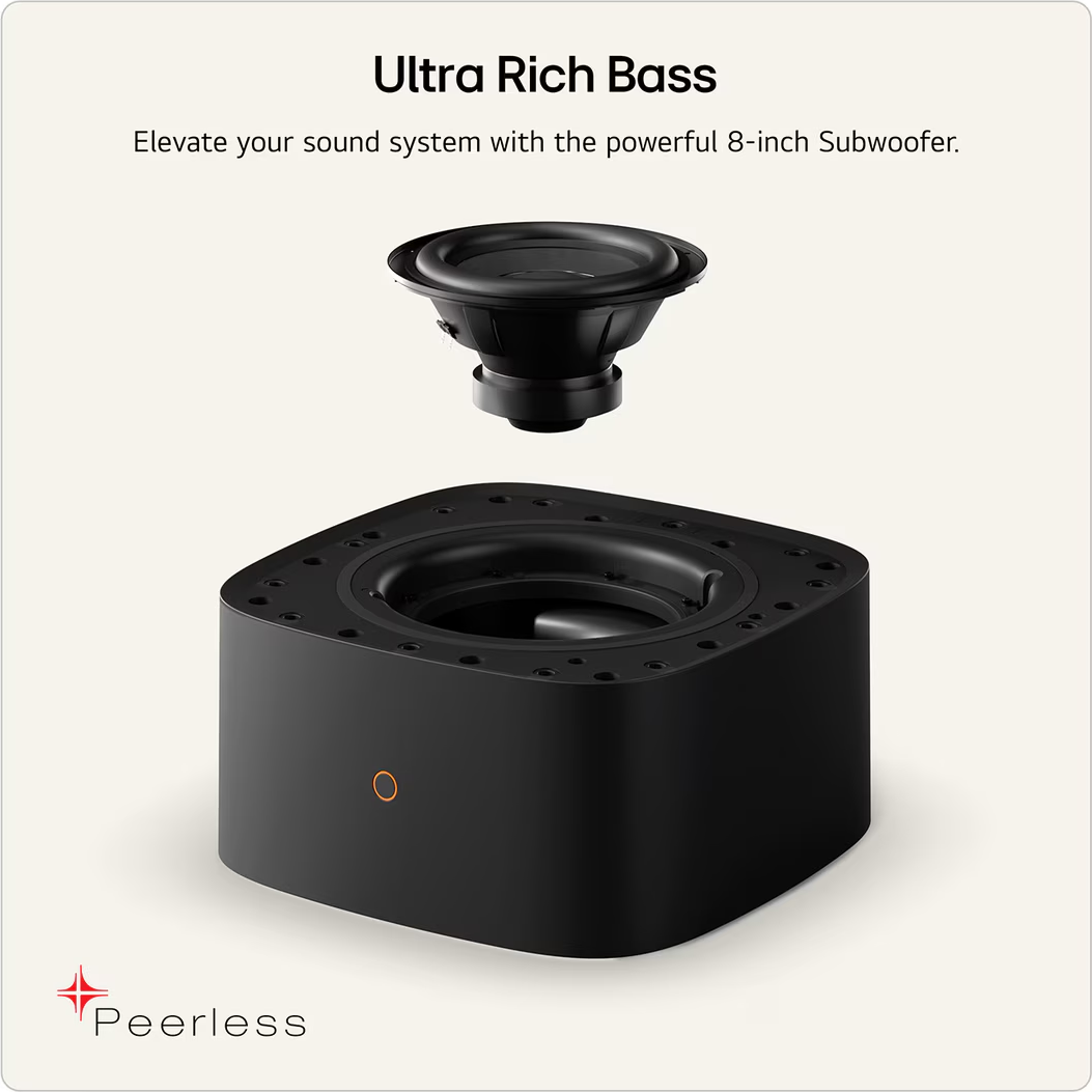 Un haut-parleur subwoofer noir au-dessus d'un boîtier noir avec des vis.